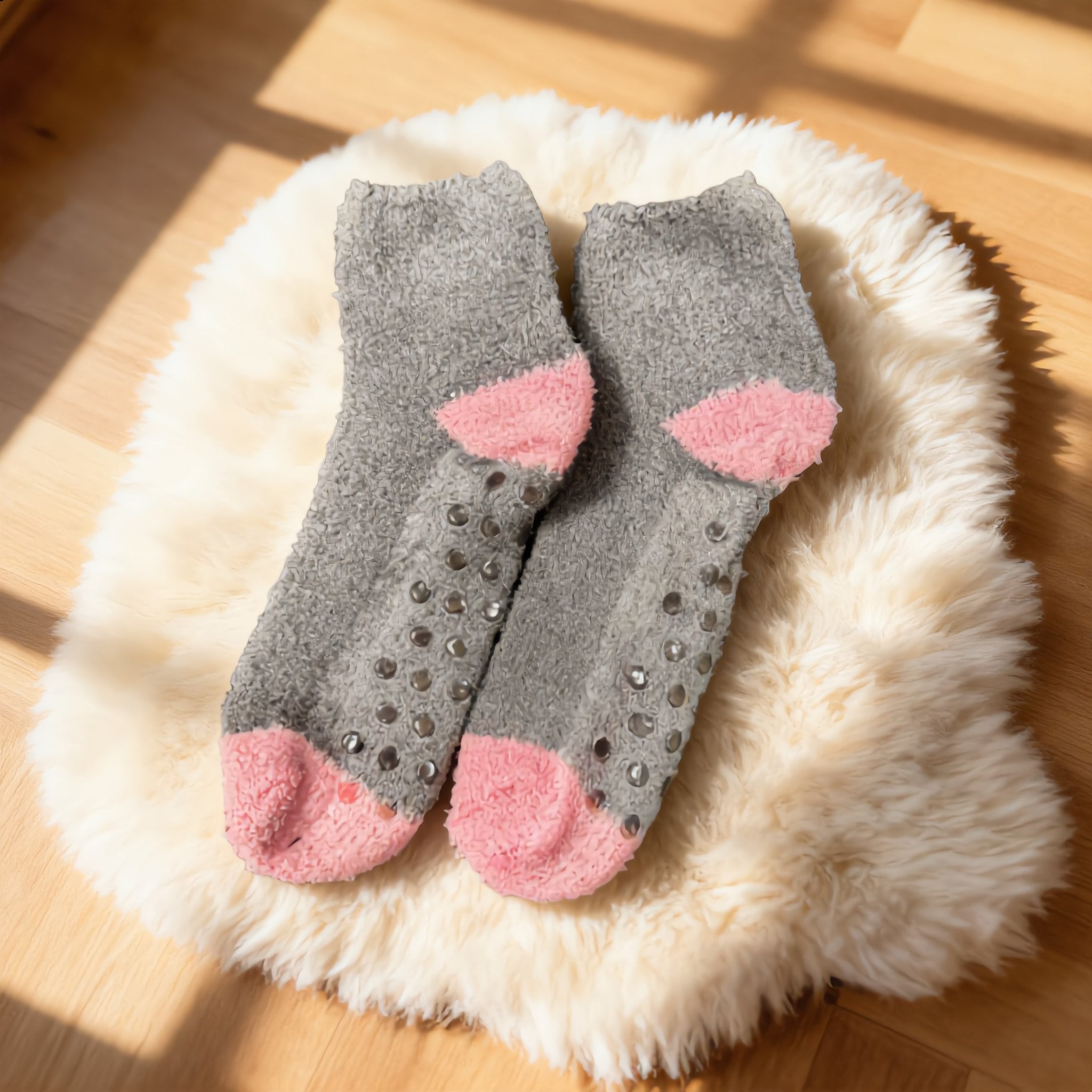 Grey & Pink Fuzzy Slipper Socks - Charming Charlie