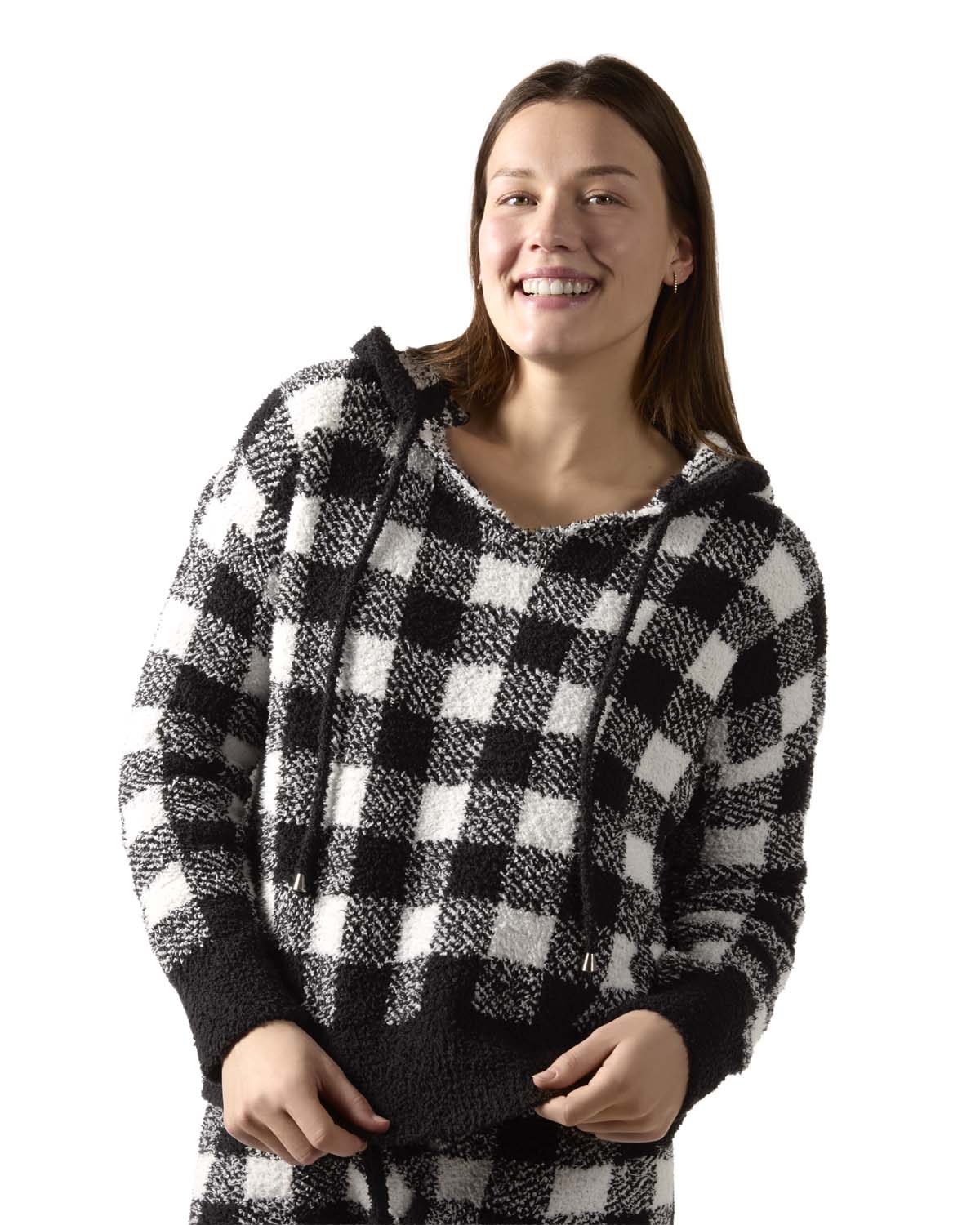 Women's Buffalo Check Cozy Knit Drawstring Hoodie - Charming Charlie