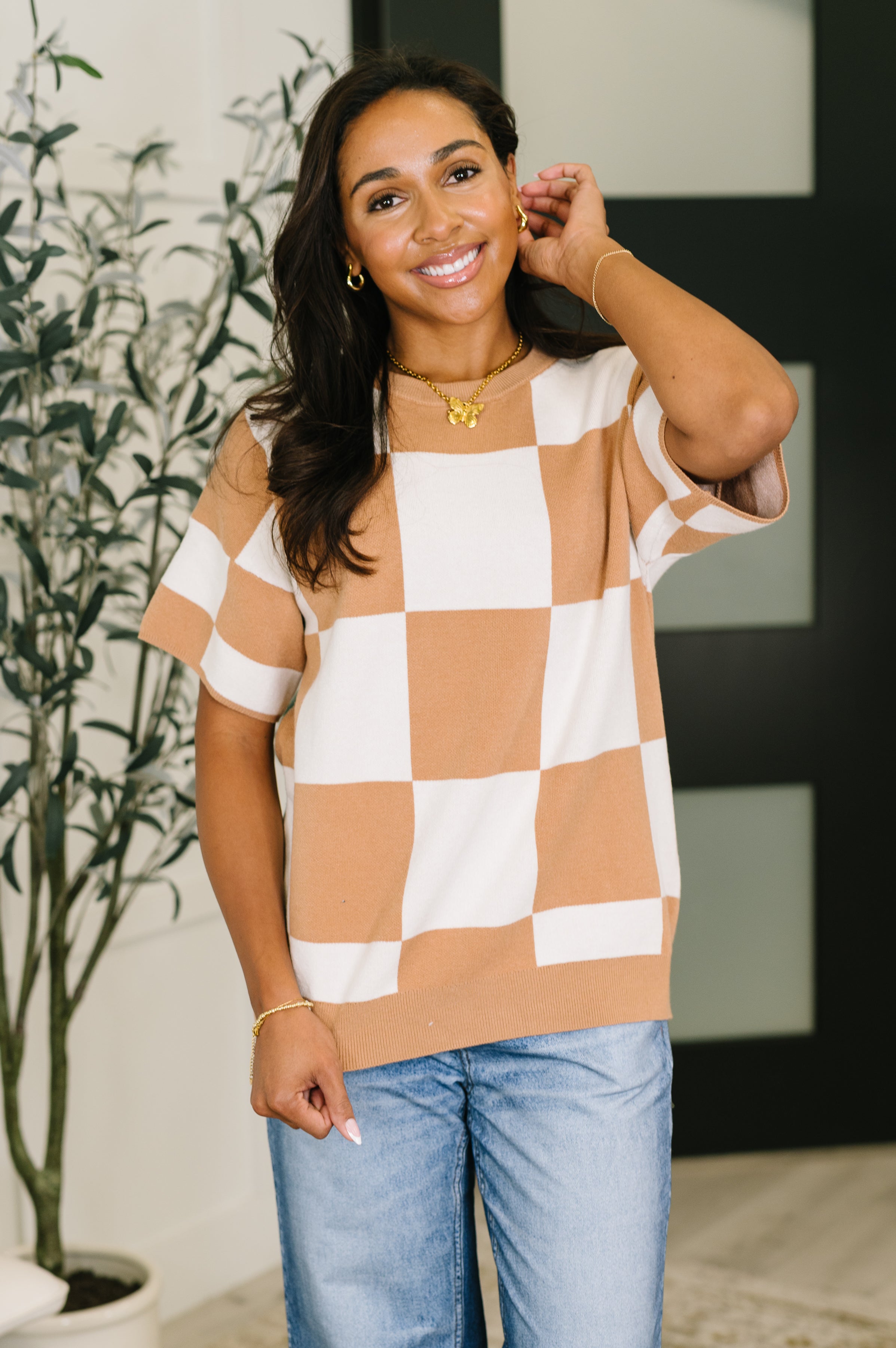 Cafe Check Relaxed Fit Sweater - Charming Charlie