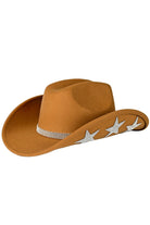 Camel C.C American Flag Theme Star Stone Vegan Felt Cowboy Hat is expertly crafted with vegan felt materials and adorned with an American flag themed star stone. The result is a stylish and eco-friendly cowboy hat that allows you to proudly express your patriotism. Designed for comfort and durability.
