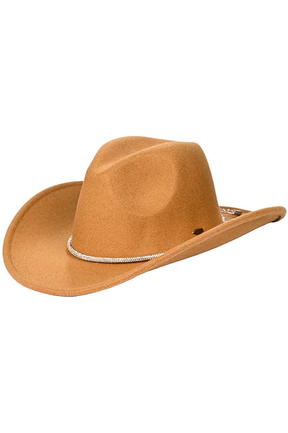 Camel C.C Cowboy Vegan Felt Hat is made with high-quality materials and features a fashionable Rhinestone String Trim Band. Stay stylish and cruelty-free with this must-have accessory.