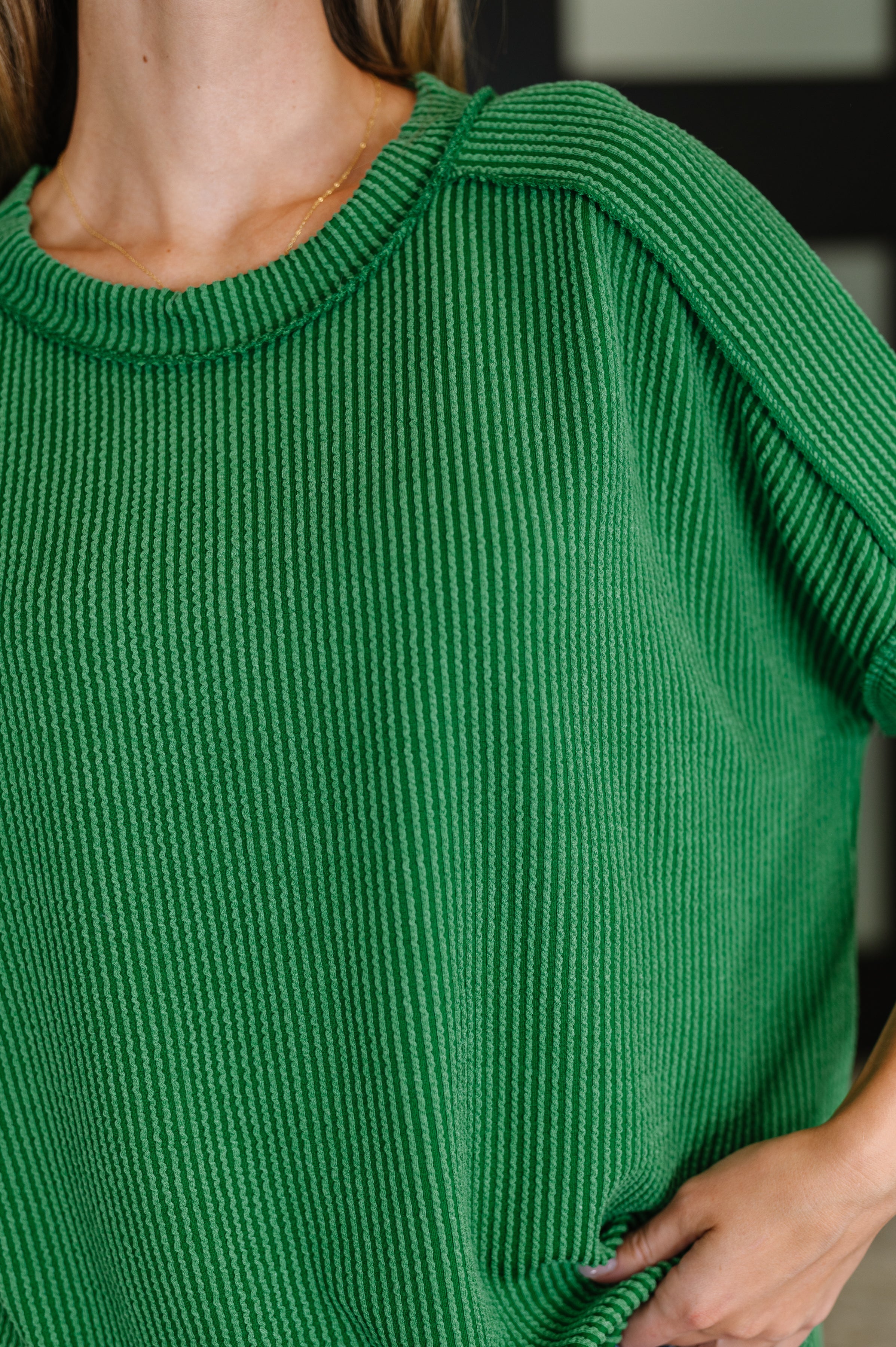 Catch Me Loungin’ Cable Ribbed Knit Top in Dark Green - Charming Charlie