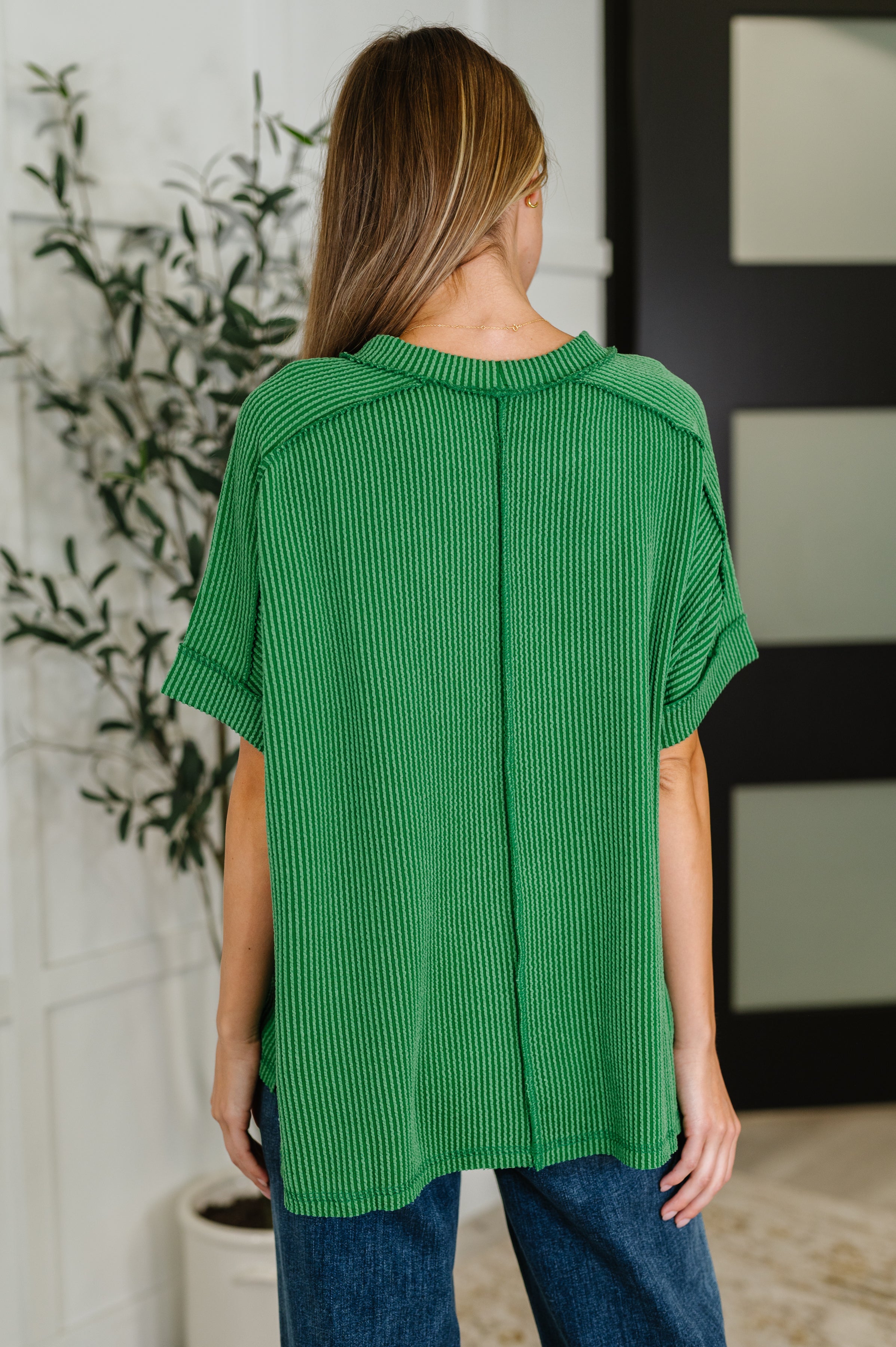 Catch Me Loungin’ Cable Ribbed Knit Top in Dark Green - Charming Charlie