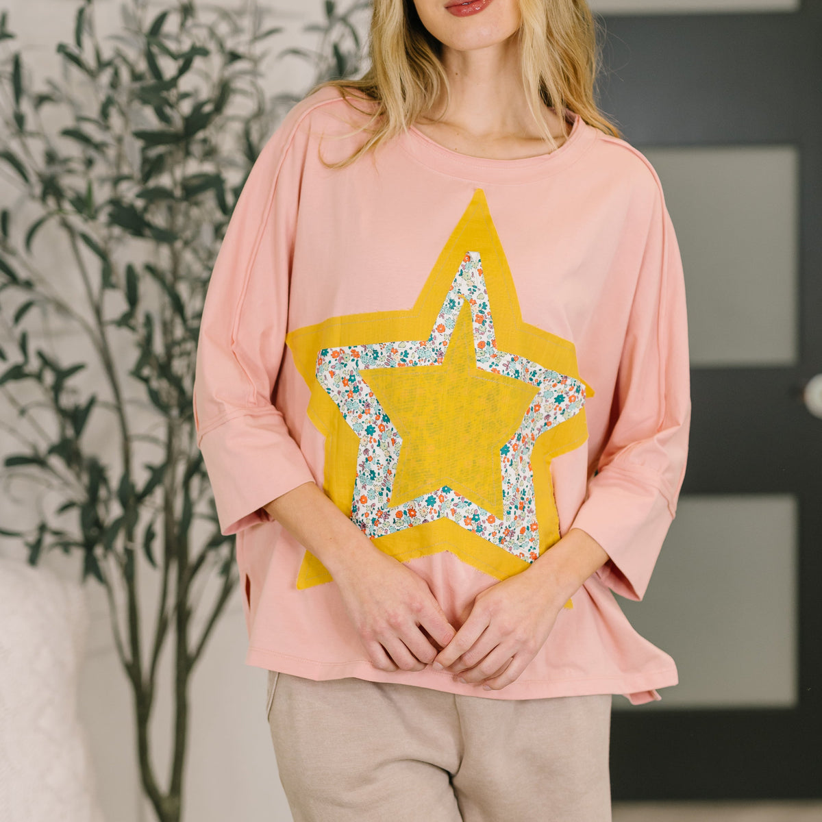 Catch a Star Mixed Print Star Patch Top – Charming Charlie