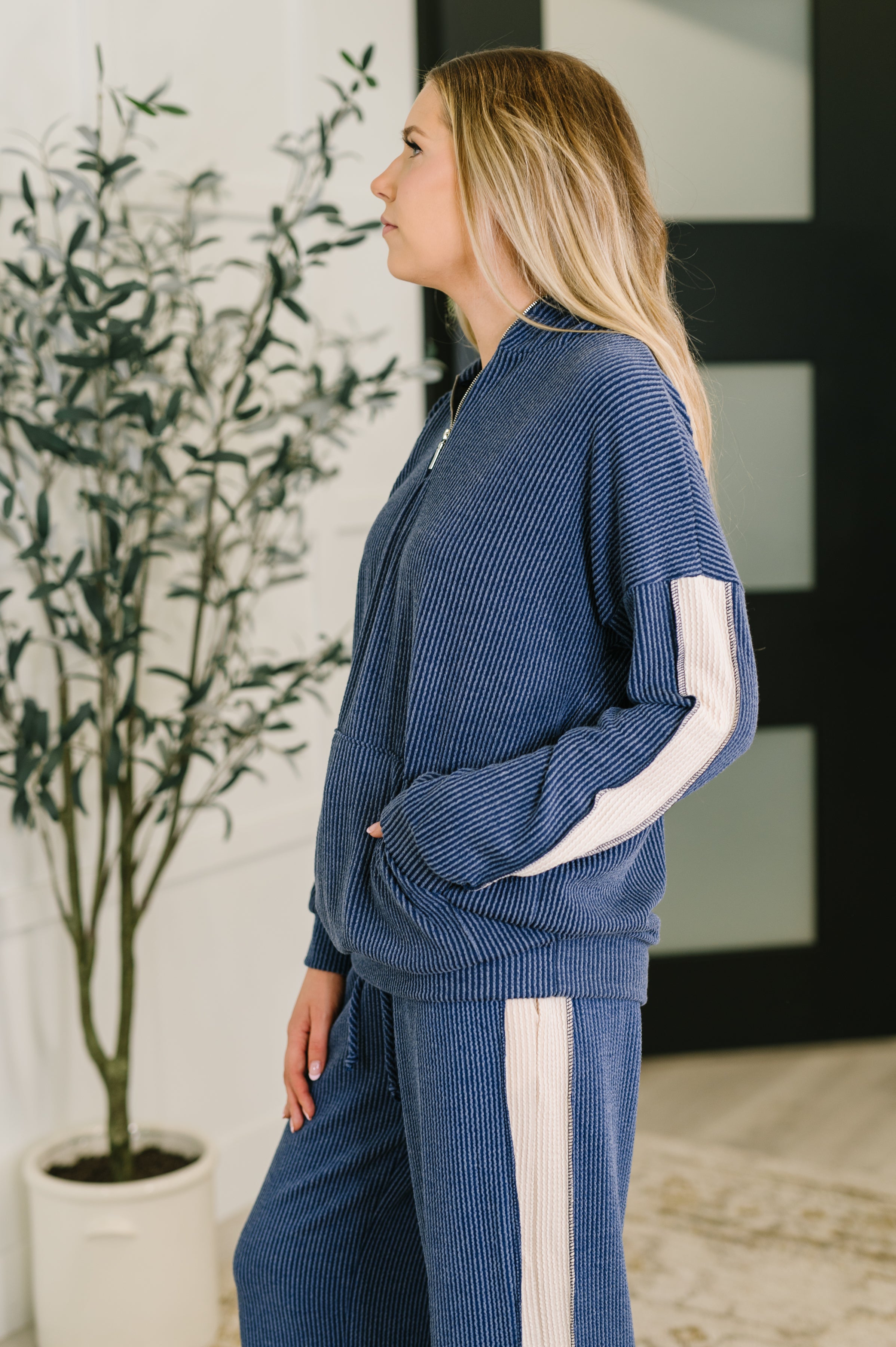 Certified Chiller Contrast Stripe Hoodie in Navy - Charming Charlie