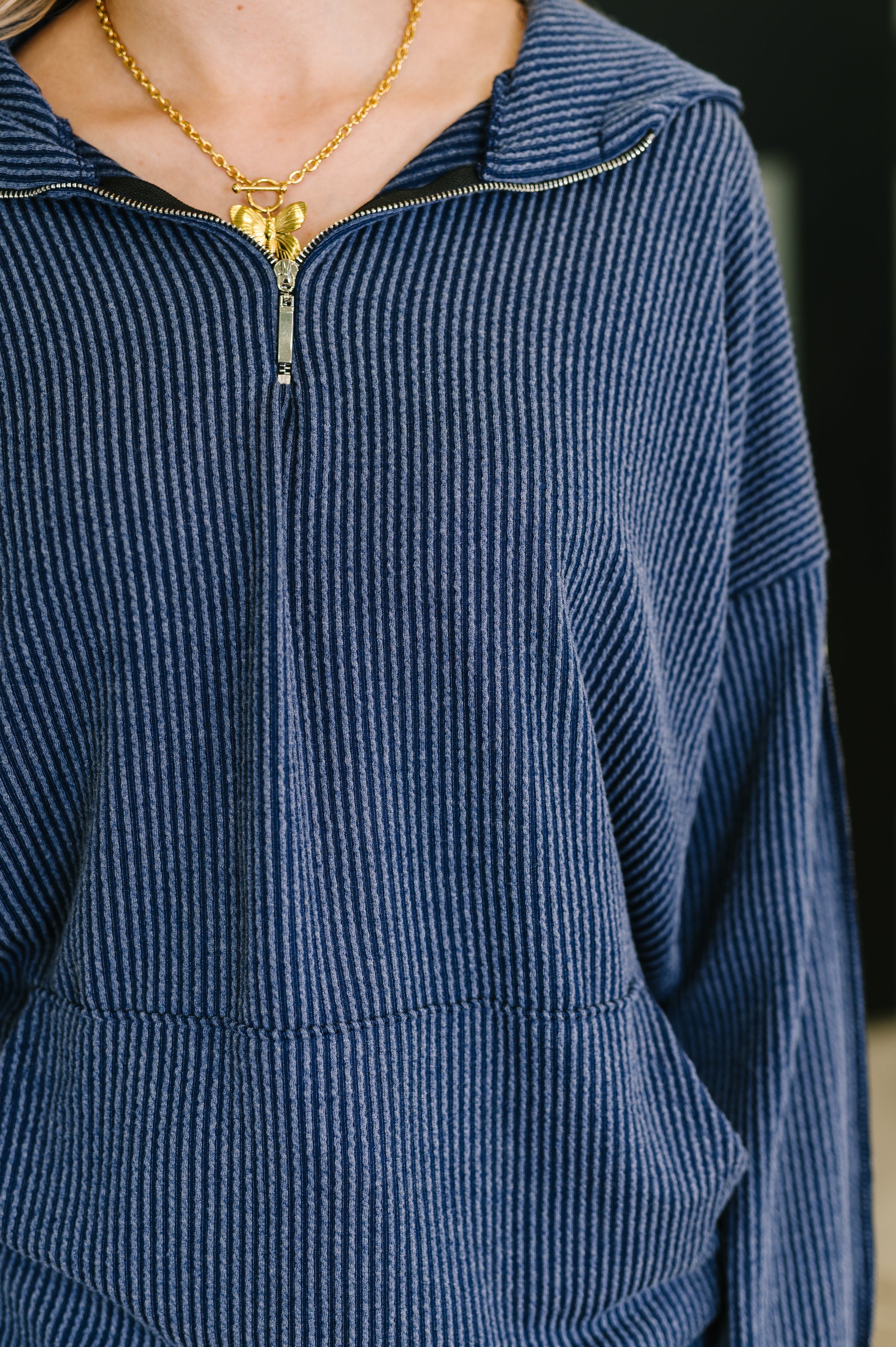 Certified Chiller Contrast Stripe Hoodie in Navy - Charming Charlie