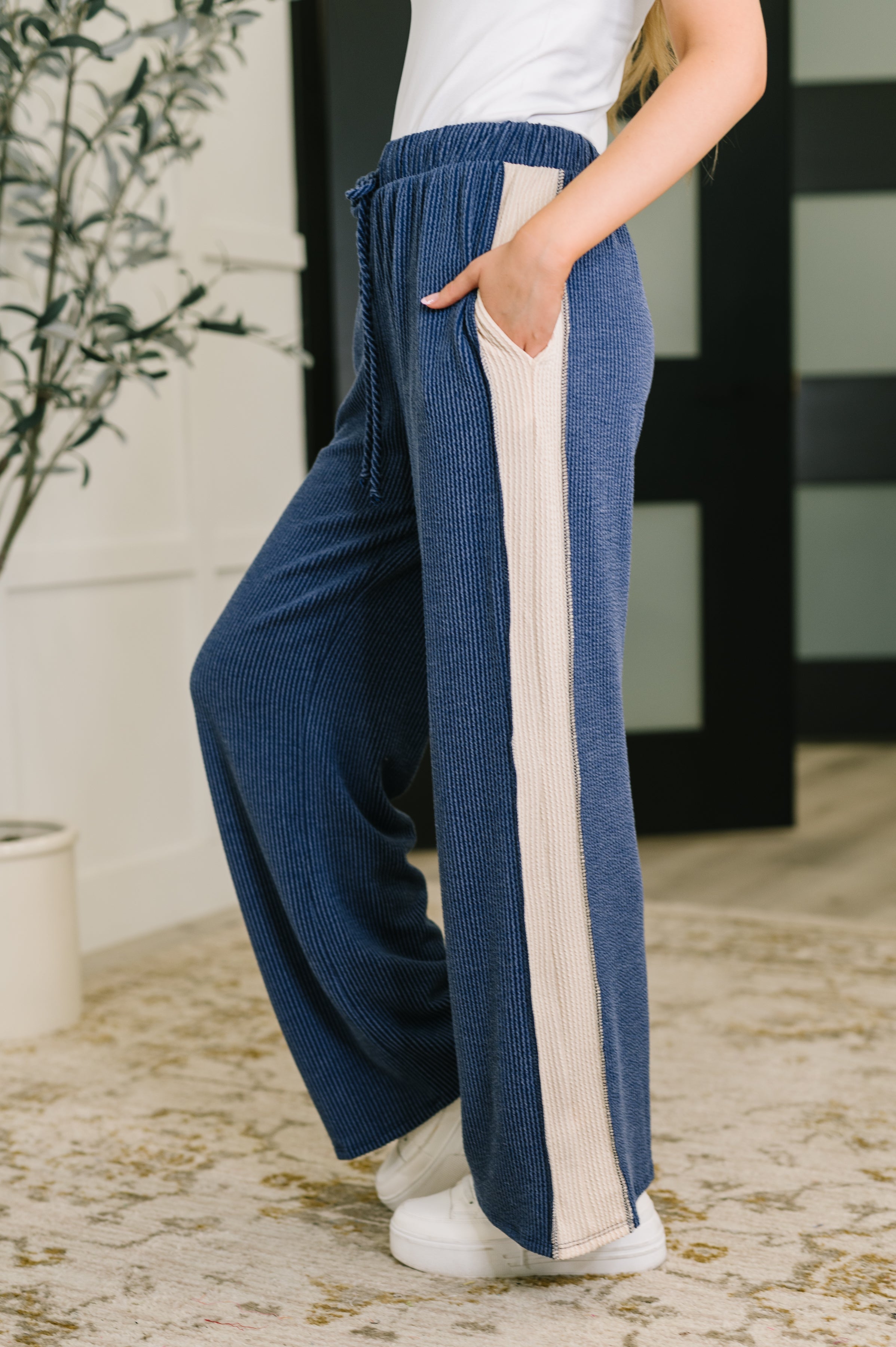 Certified Chiller Contrast Stripe Straight Leg Bottoms in Navy - Charming Charlie
