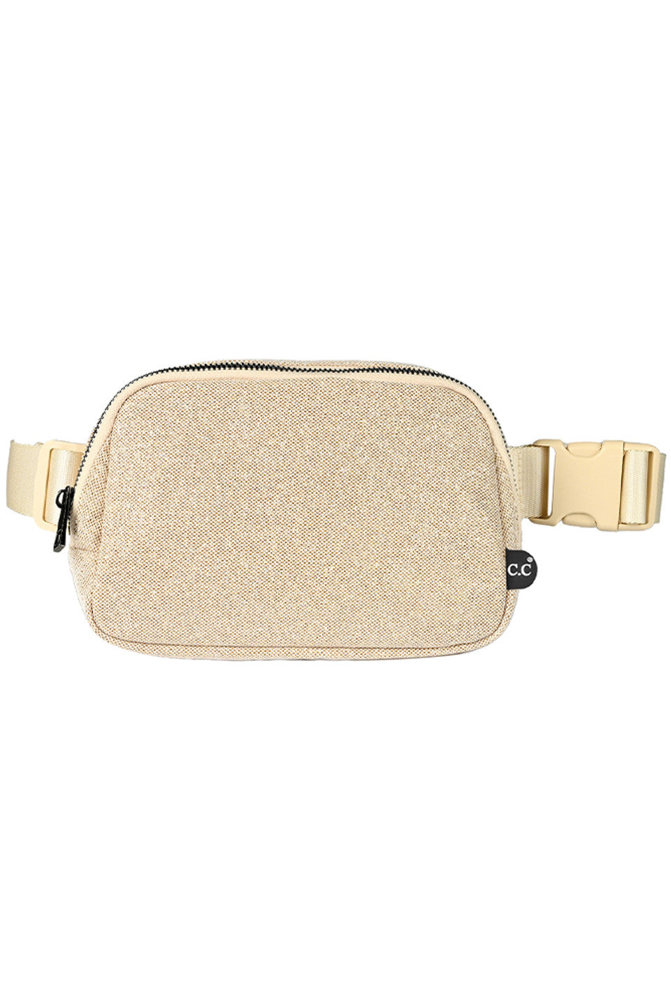 Champagne C.C Glitter Tiny Mesh Fanny Pack offers a stylish and functional solution for carrying your essentials. The glitter mesh adds a touch of sparkle, while the compact size makes it easy to carry on-the-go. Stay organized and on-trend with this versatile fanny pack.
