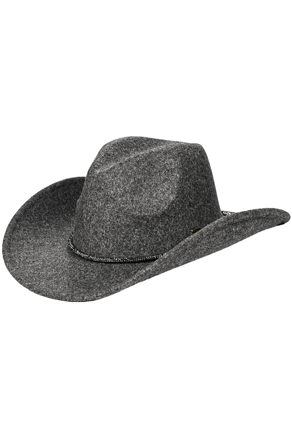 Charcoal C.C Cowboy Vegan Felt Hat is made with high-quality materials and features a fashionable Rhinestone String Trim Band. Stay stylish and cruelty-free with this must-have accessory.