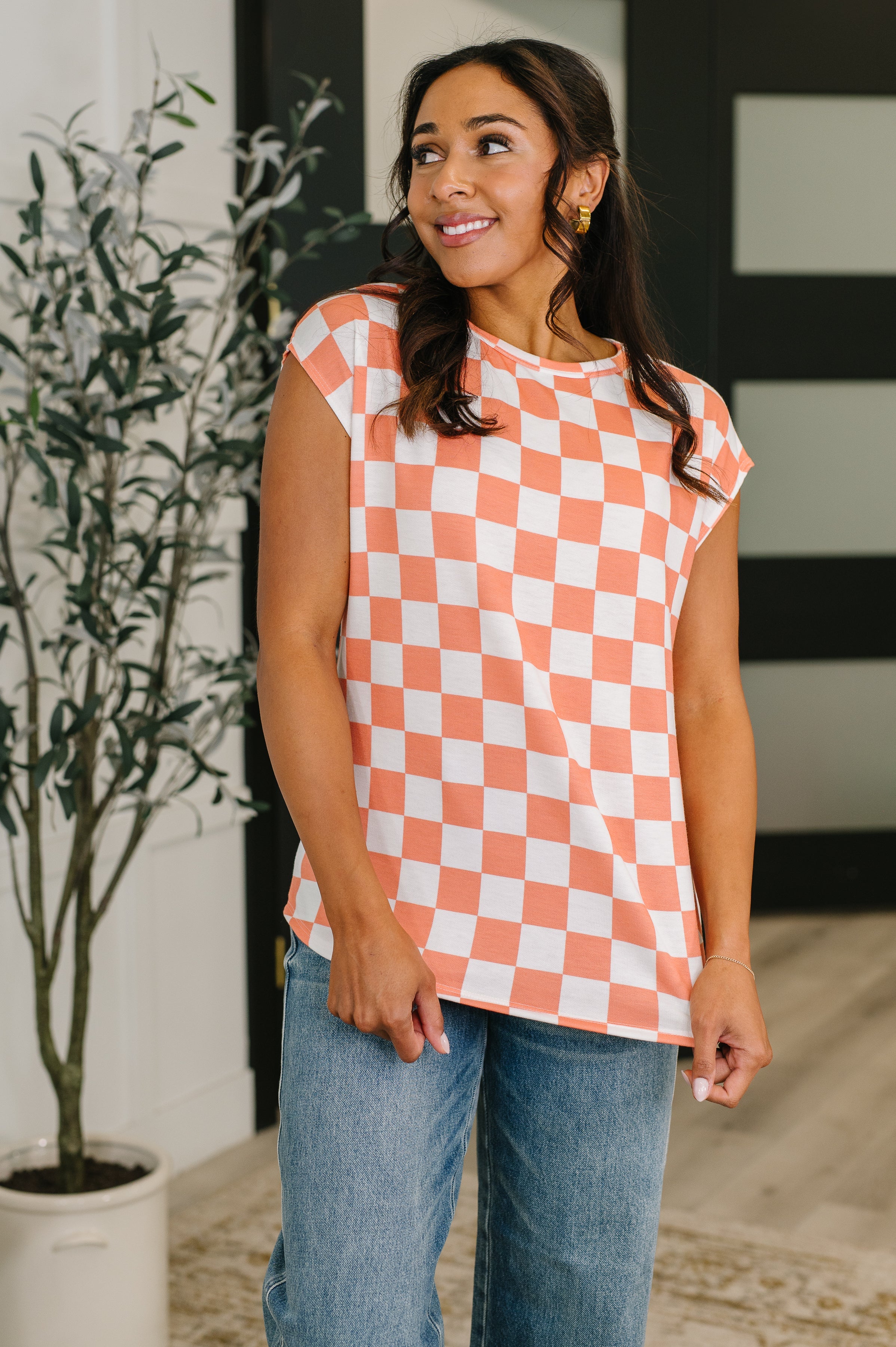 Check Hers Round Neck Top in Orange - Charming Charlie