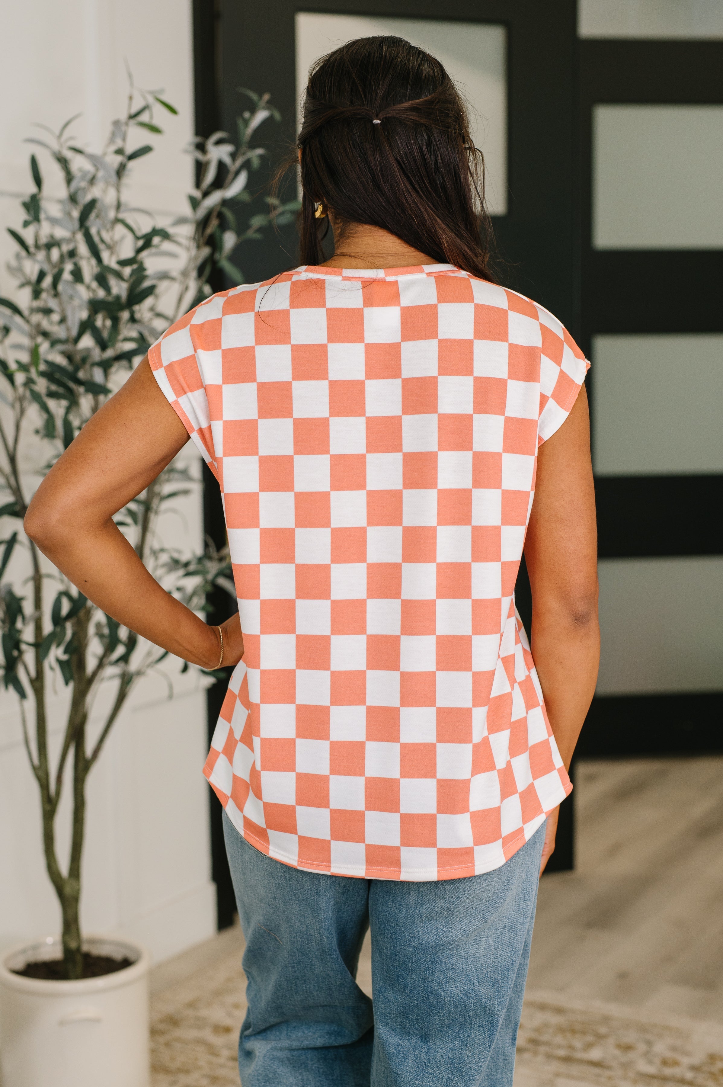 Check Hers Round Neck Top in Orange - Charming Charlie