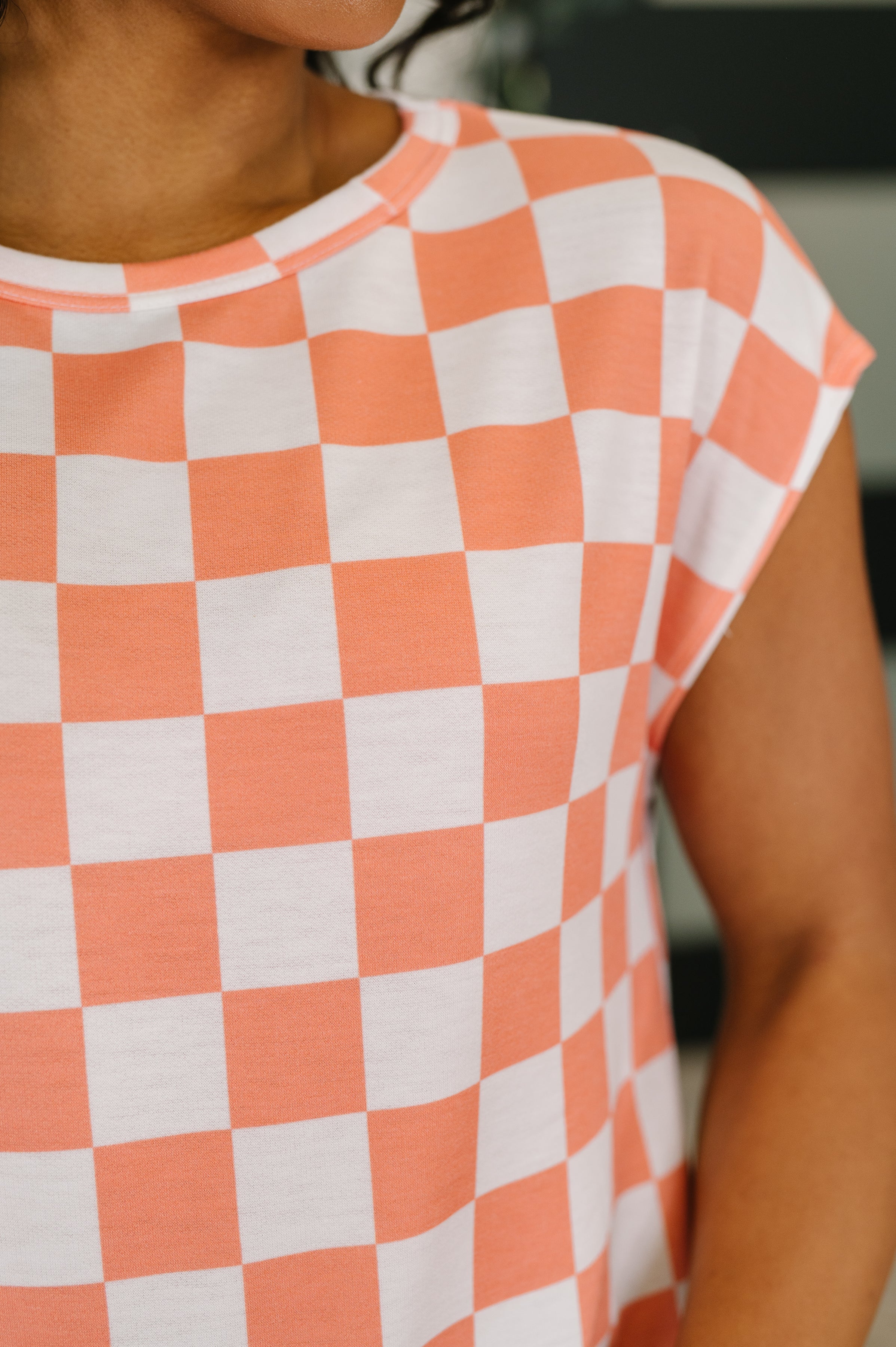 Check Hers Round Neck Top in Orange - Charming Charlie
