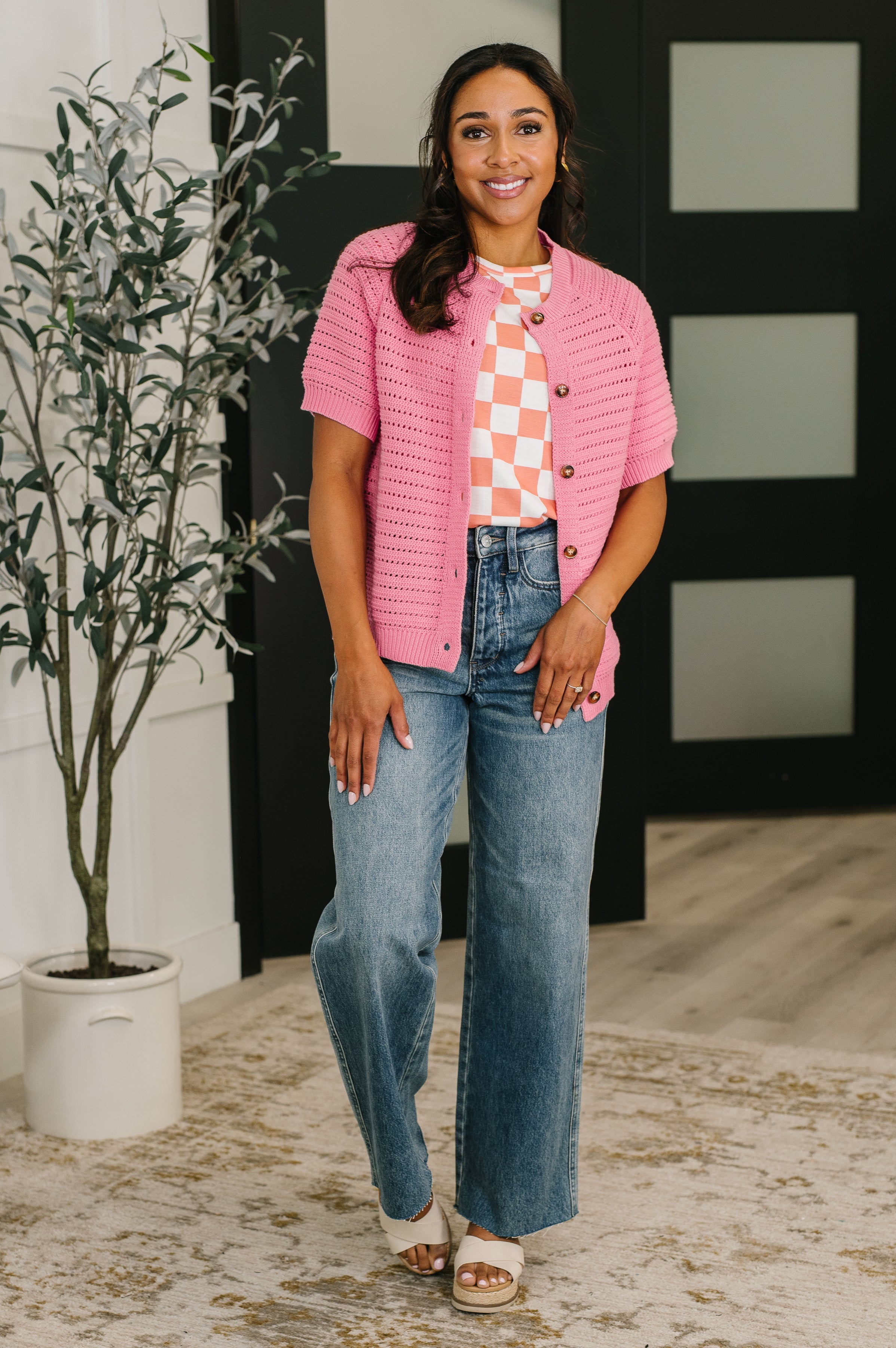 Check Hers Round Neck Top in Orange - Charming Charlie