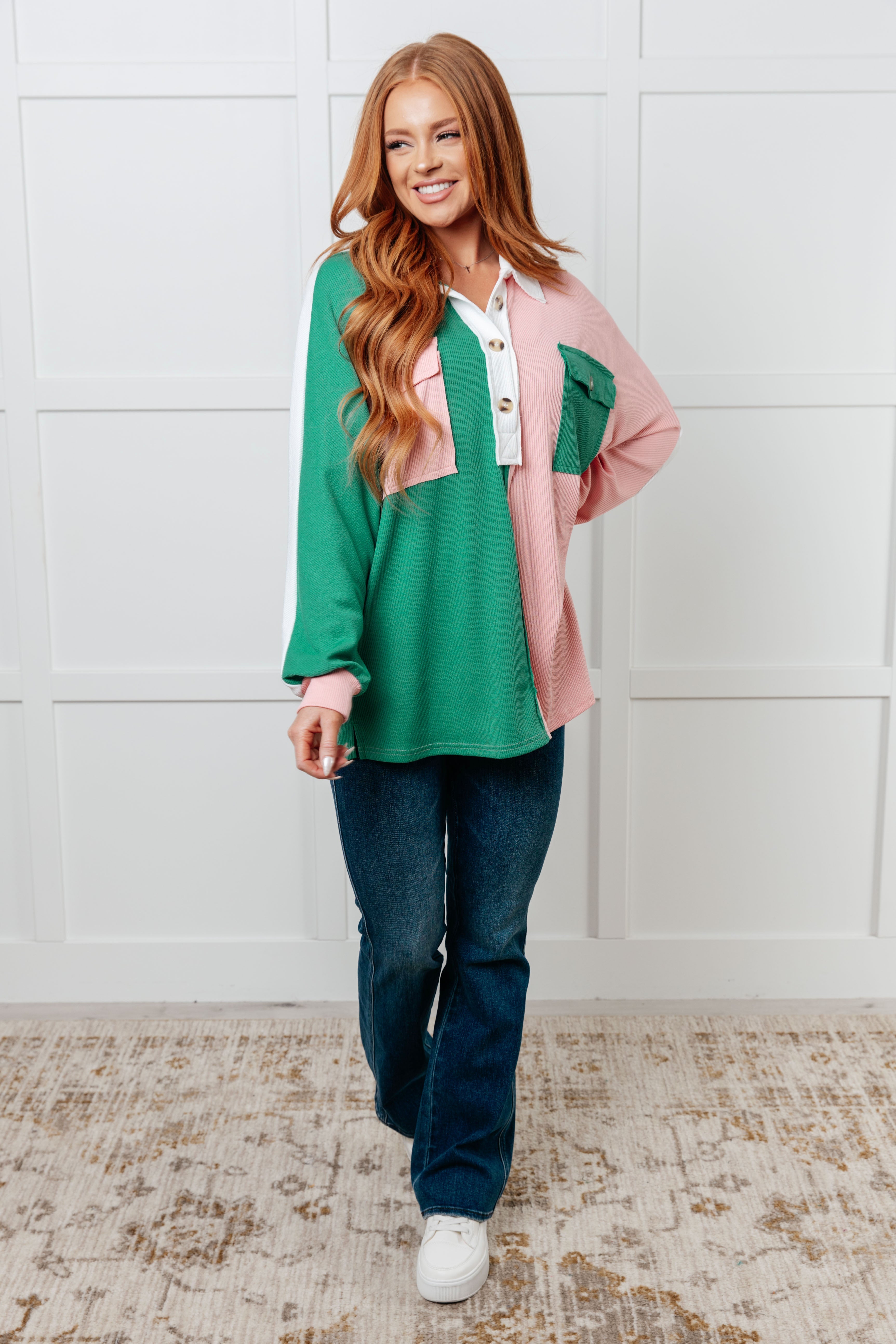 Chip Off the Old Colorblock V-Neck Henley in Green - Charming Charlie