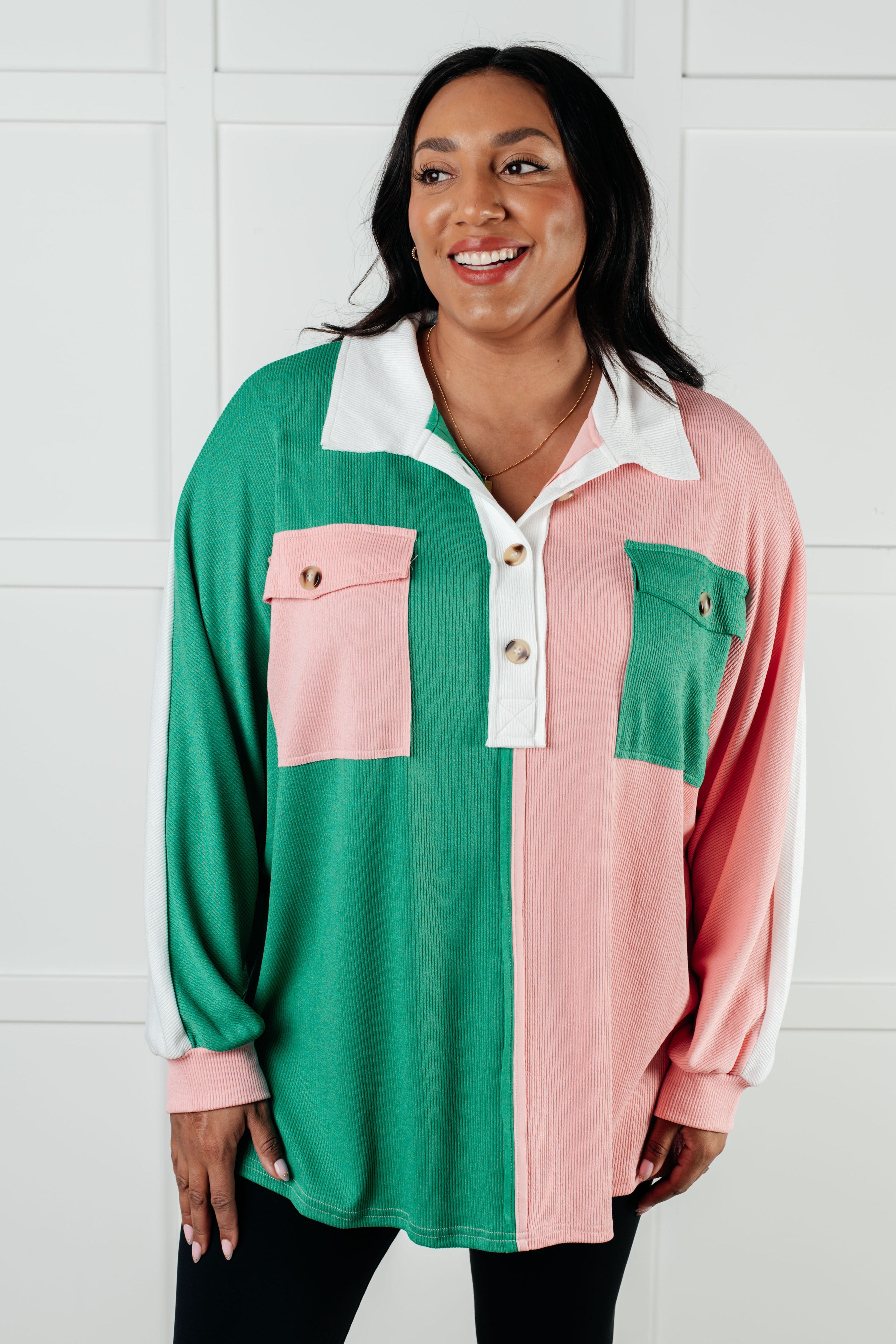 Chip Off the Old Colorblock V-Neck Henley in Green - Charming Charlie