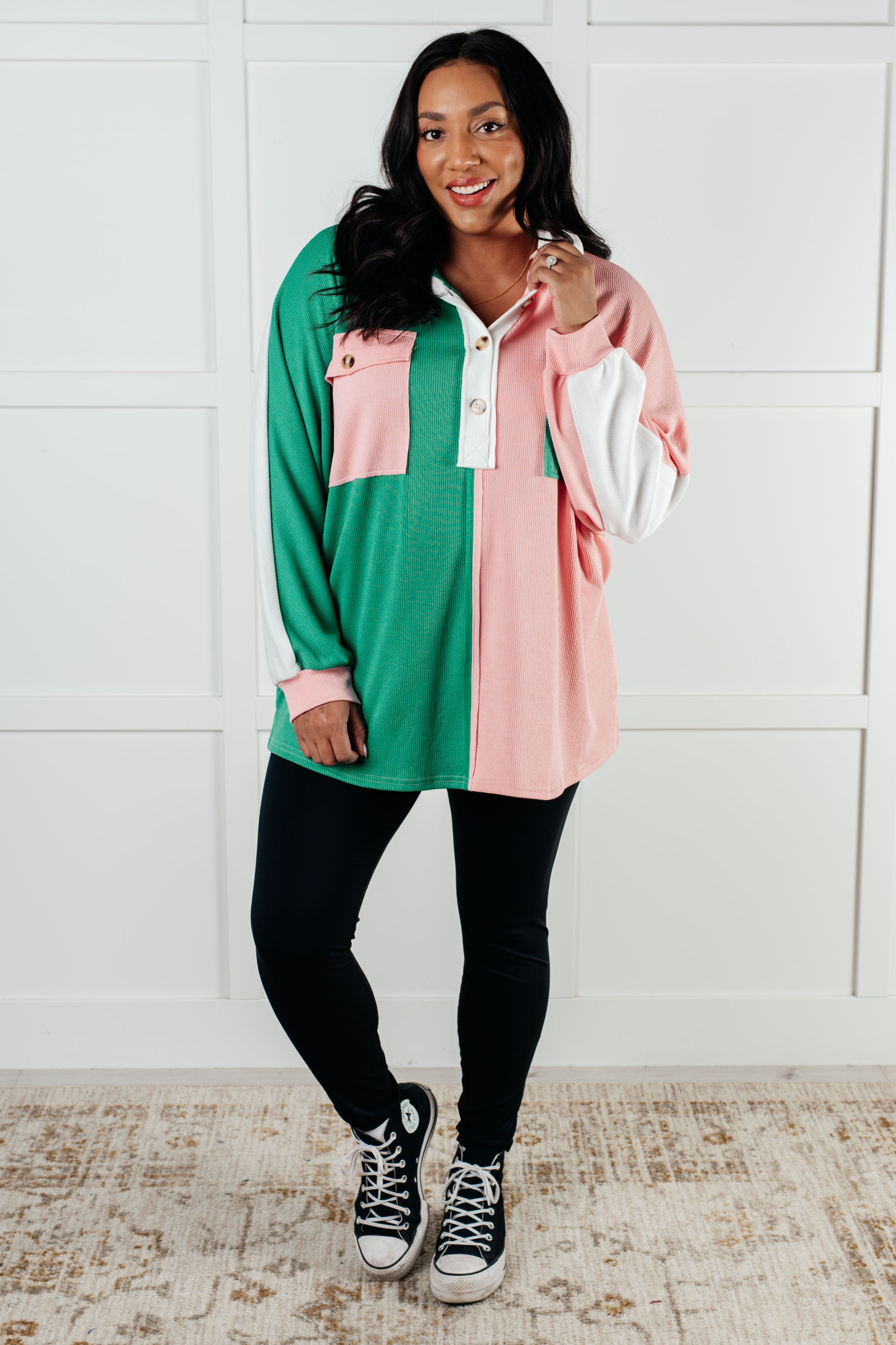 Chip Off the Old Colorblock V-Neck Henley in Green - Charming Charlie