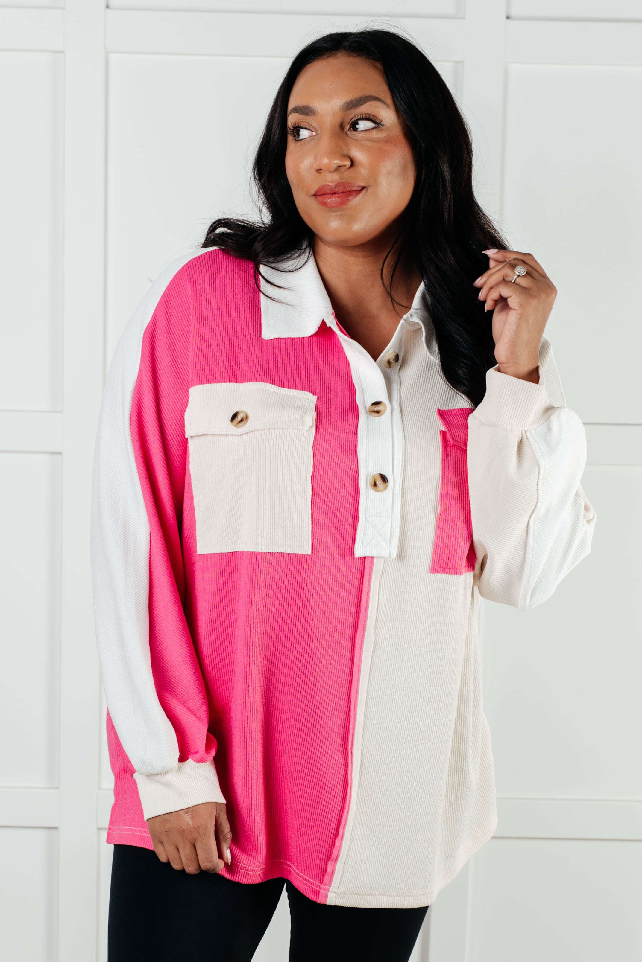Chip Off the Old Colorblock V-Neck Henley in Pink - Charming Charlie