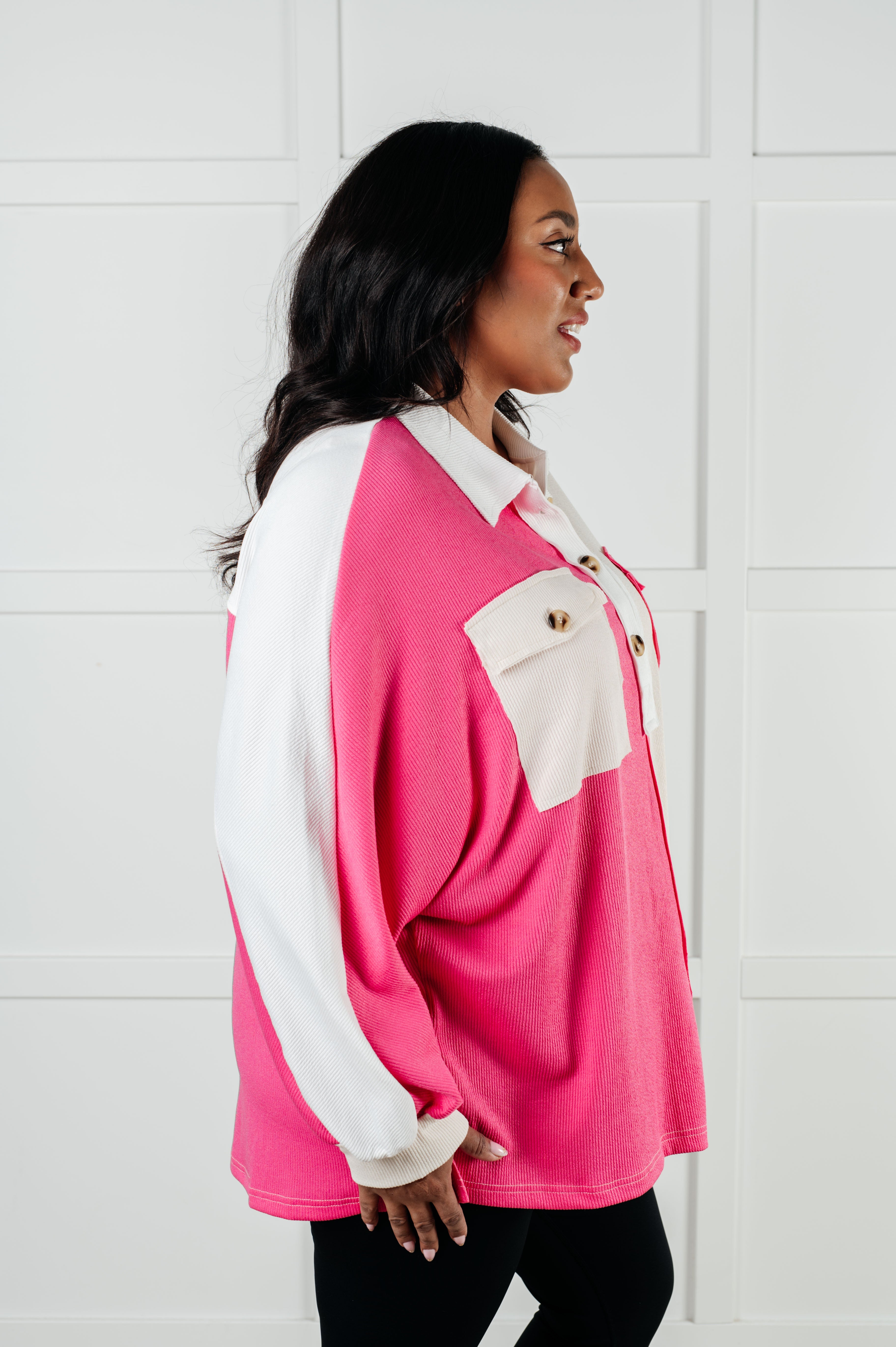 Chip Off the Old Colorblock V-Neck Henley in Pink - Charming Charlie