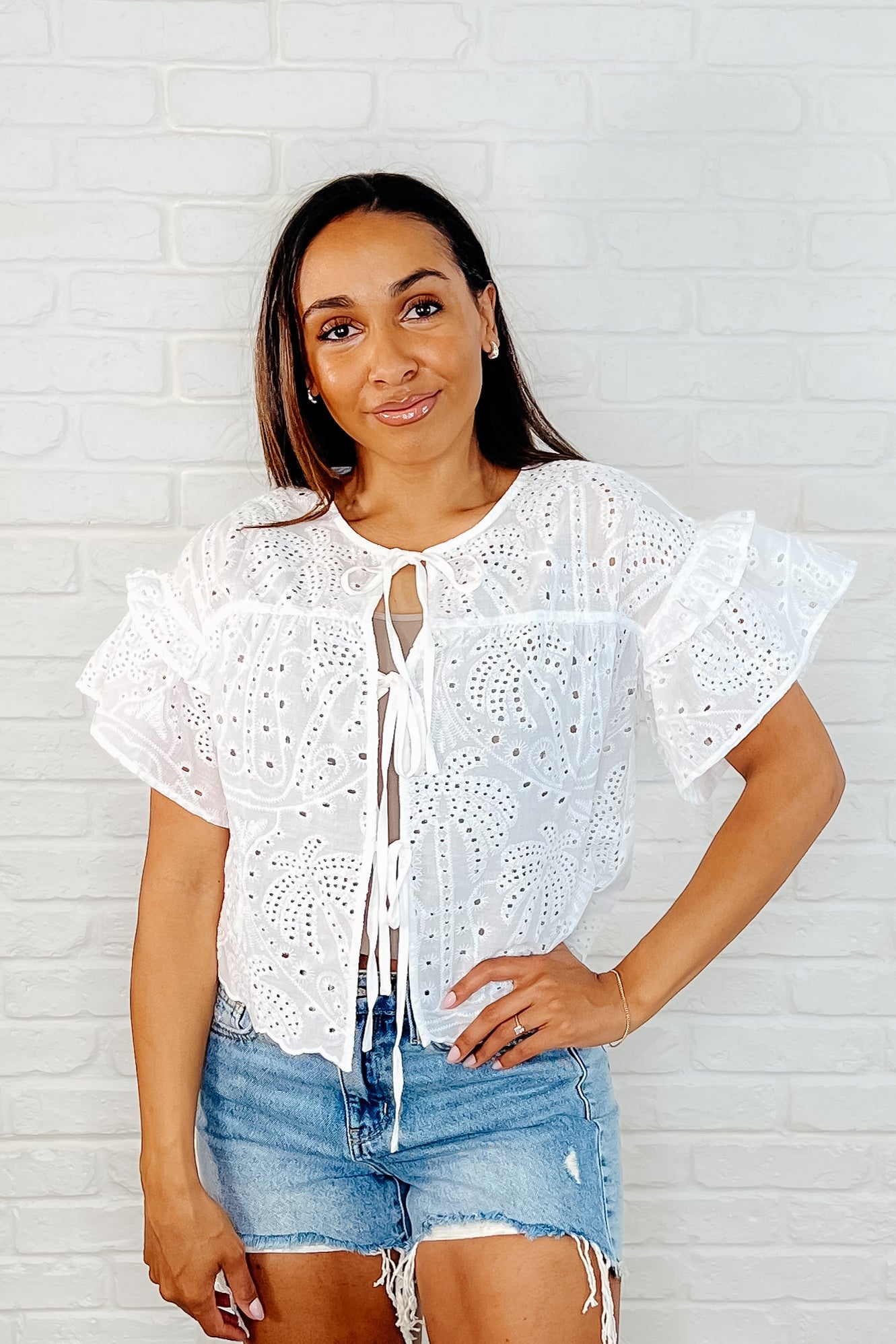 Classy As Heck Eyelet Front Tie Top in Off White - Charming Charlie