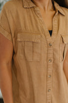 Cloud Nine to Five Button Down Blouse in Deep Camel - Charming Charlie