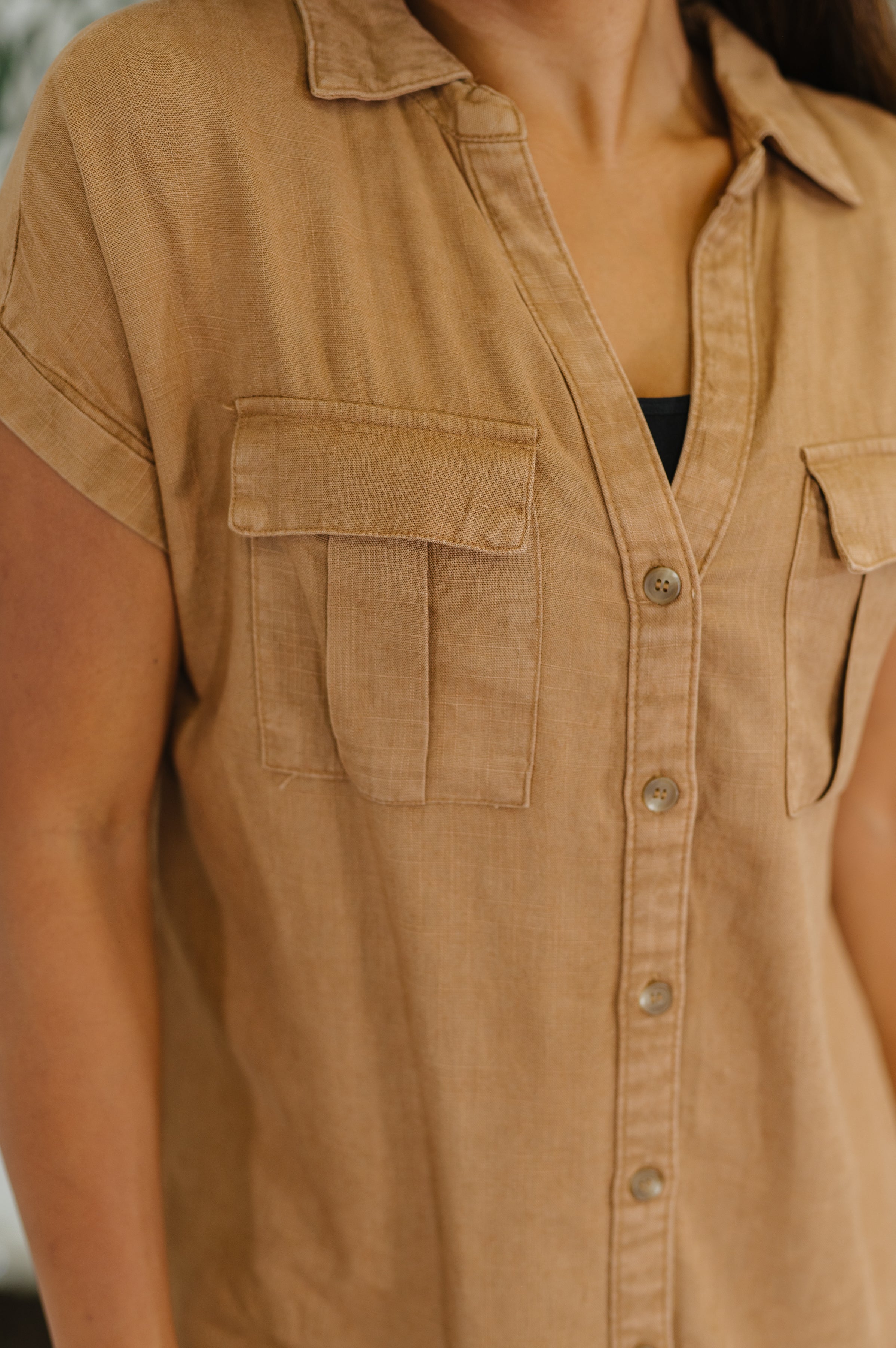 Cloud Nine to Five Button Down Blouse in Deep Camel - Charming Charlie
