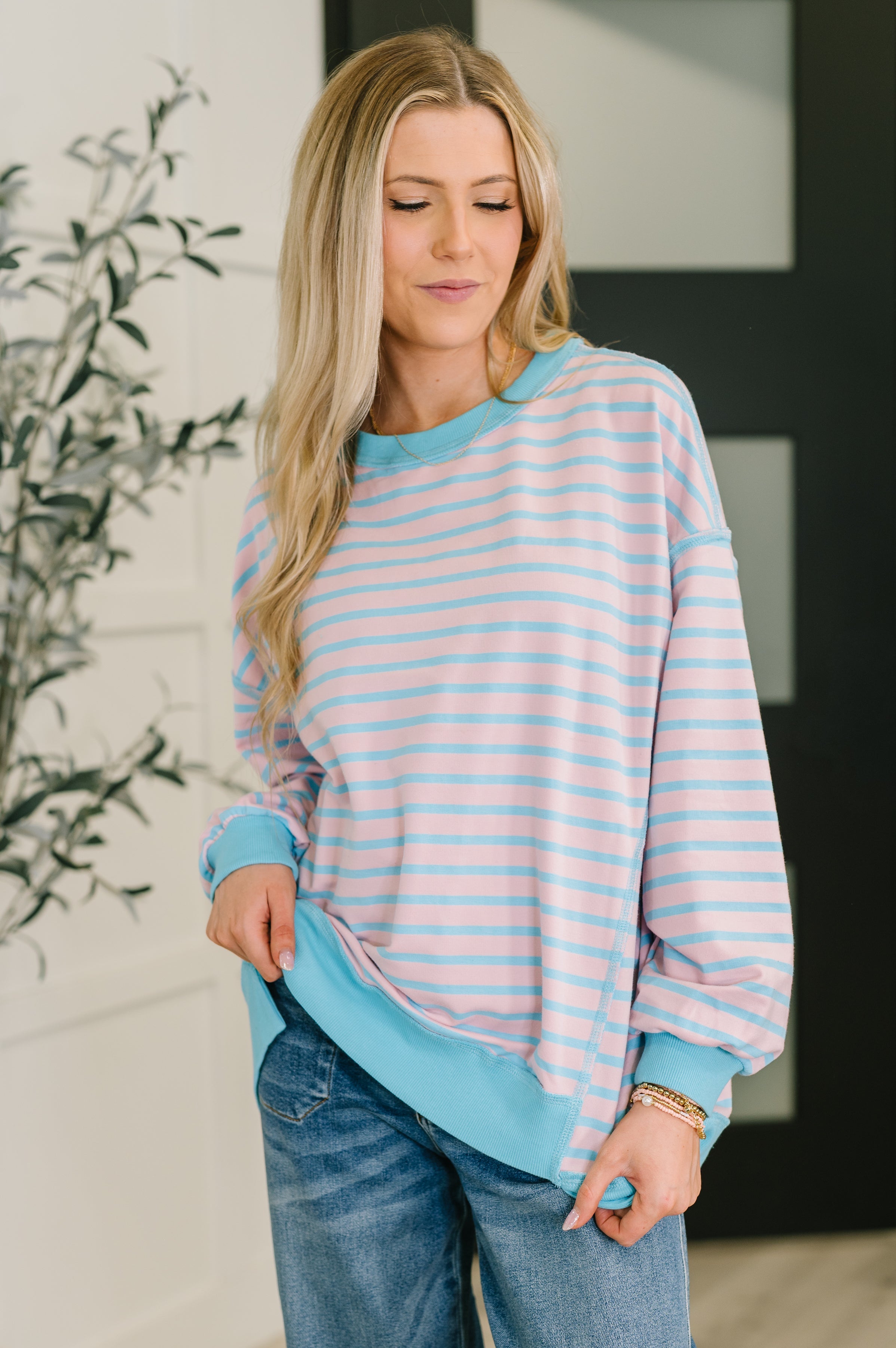 Color Clash Drop Shoulder Long Sleeve - Charming Charlie