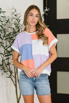 Contrast Club Color Block Top in Lilac, Orange and Denim - Charming Charlie