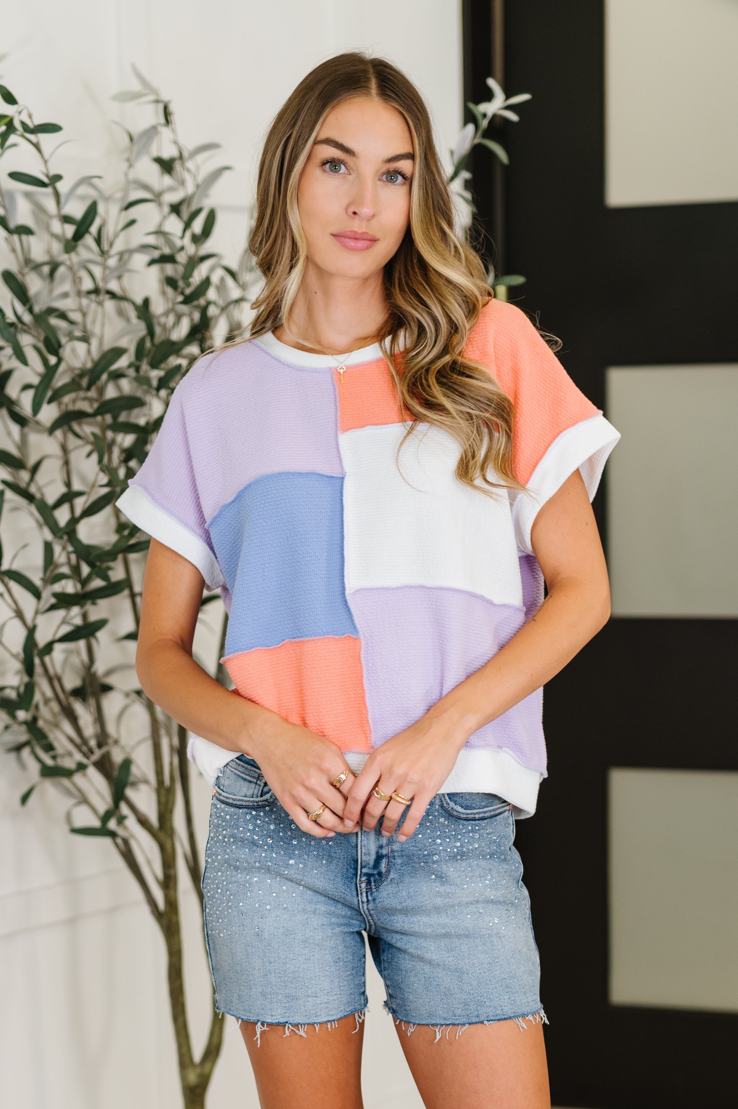 Contrast Club Color Block Top in Lilac, Orange and Denim - Charming Charlie