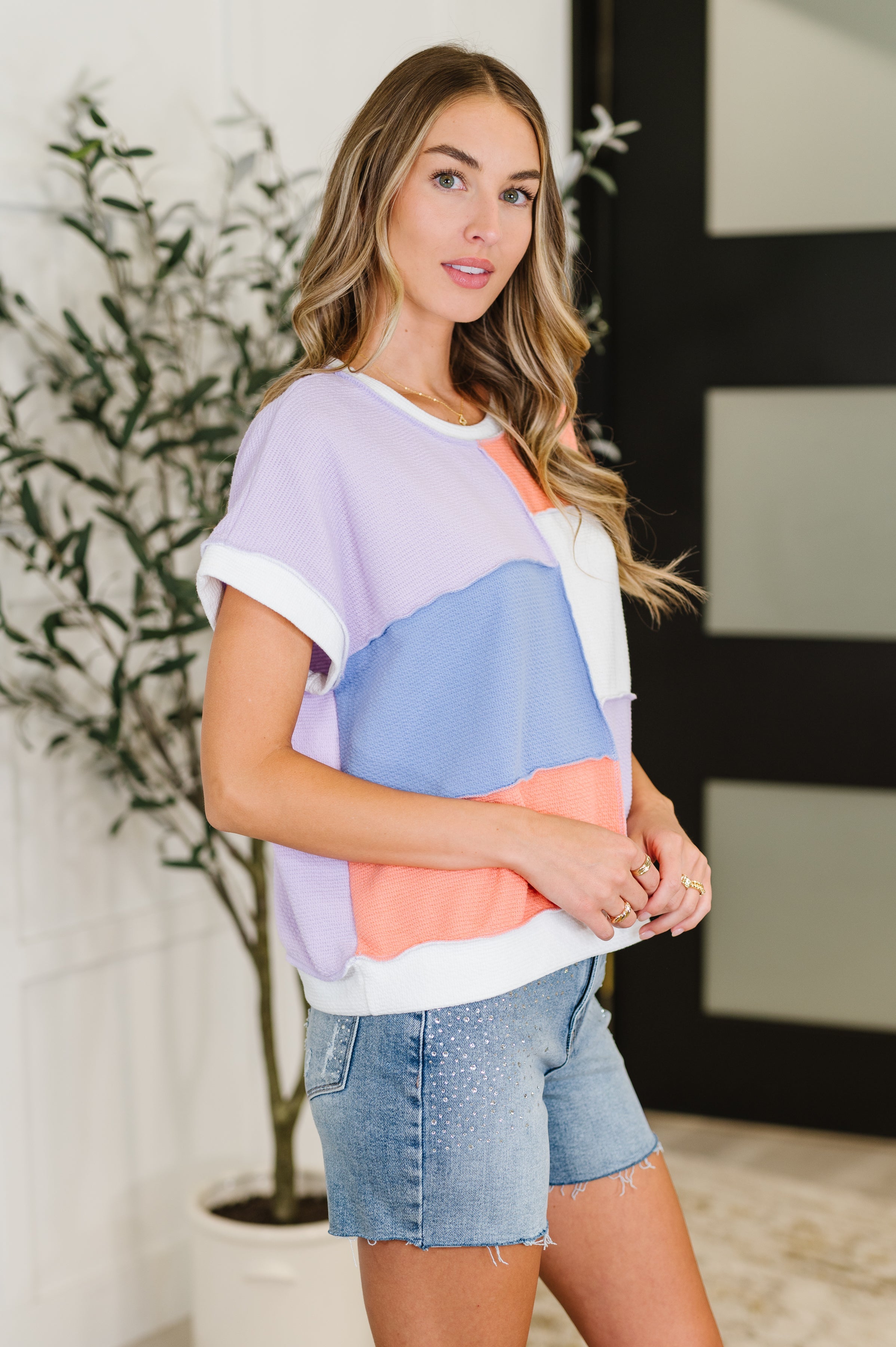 Contrast Club Color Block Top in Lilac, Orange and Denim - Charming Charlie