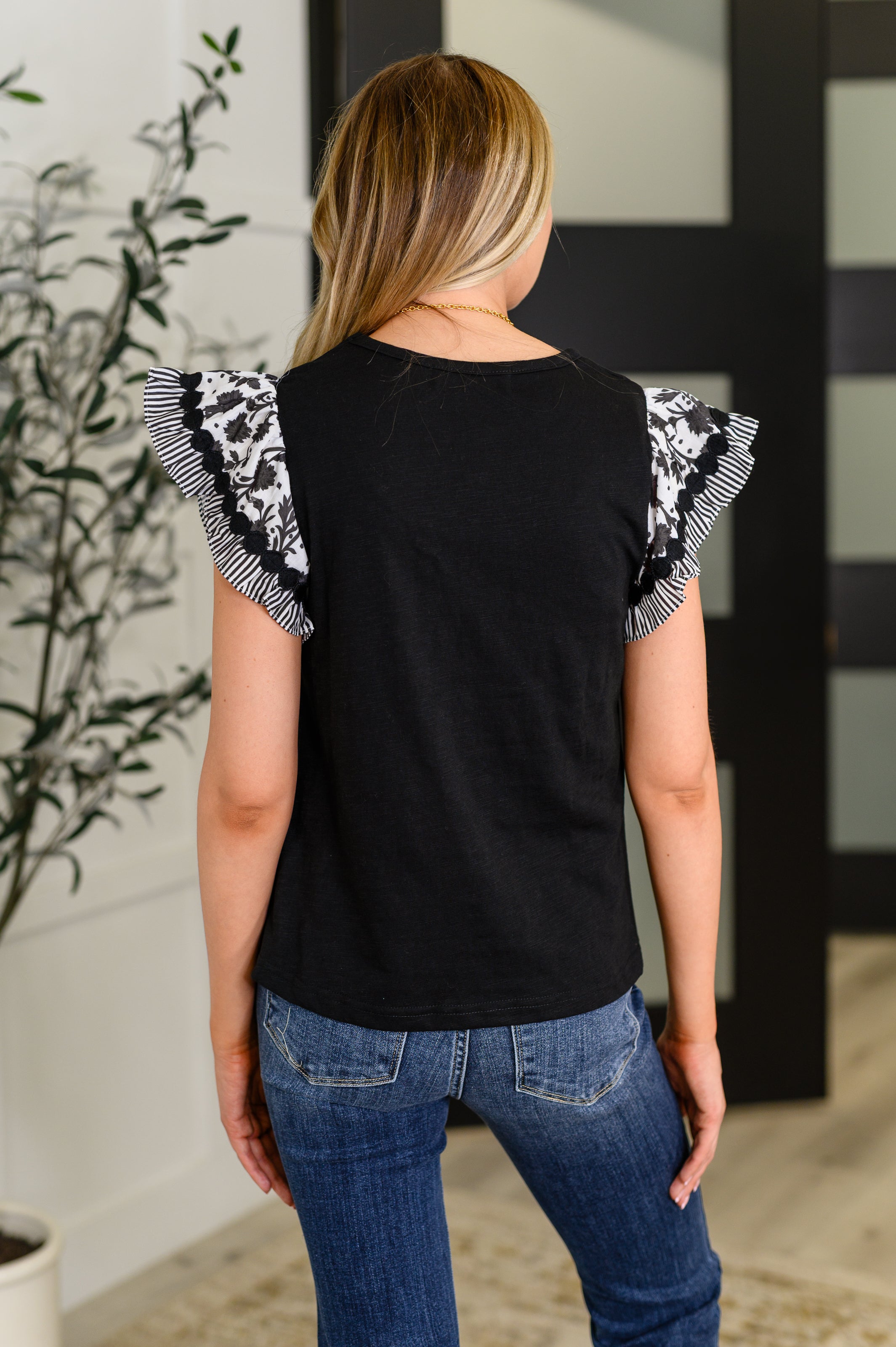 Contrast Flutter Sleeve Top in Black - Charming Charlie