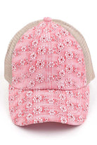 Coral C.C FLOWER EMBROIDERY EYELET CRISS CROSS PONYCAP features delicate flower embroidery and eyelet detailing, with a criss cross design for a chic and stylish look. Made with quality materials, this cap offers both fashion and functionality. Perfect for any casual or outdoor activity, it will keep you cool and covered.