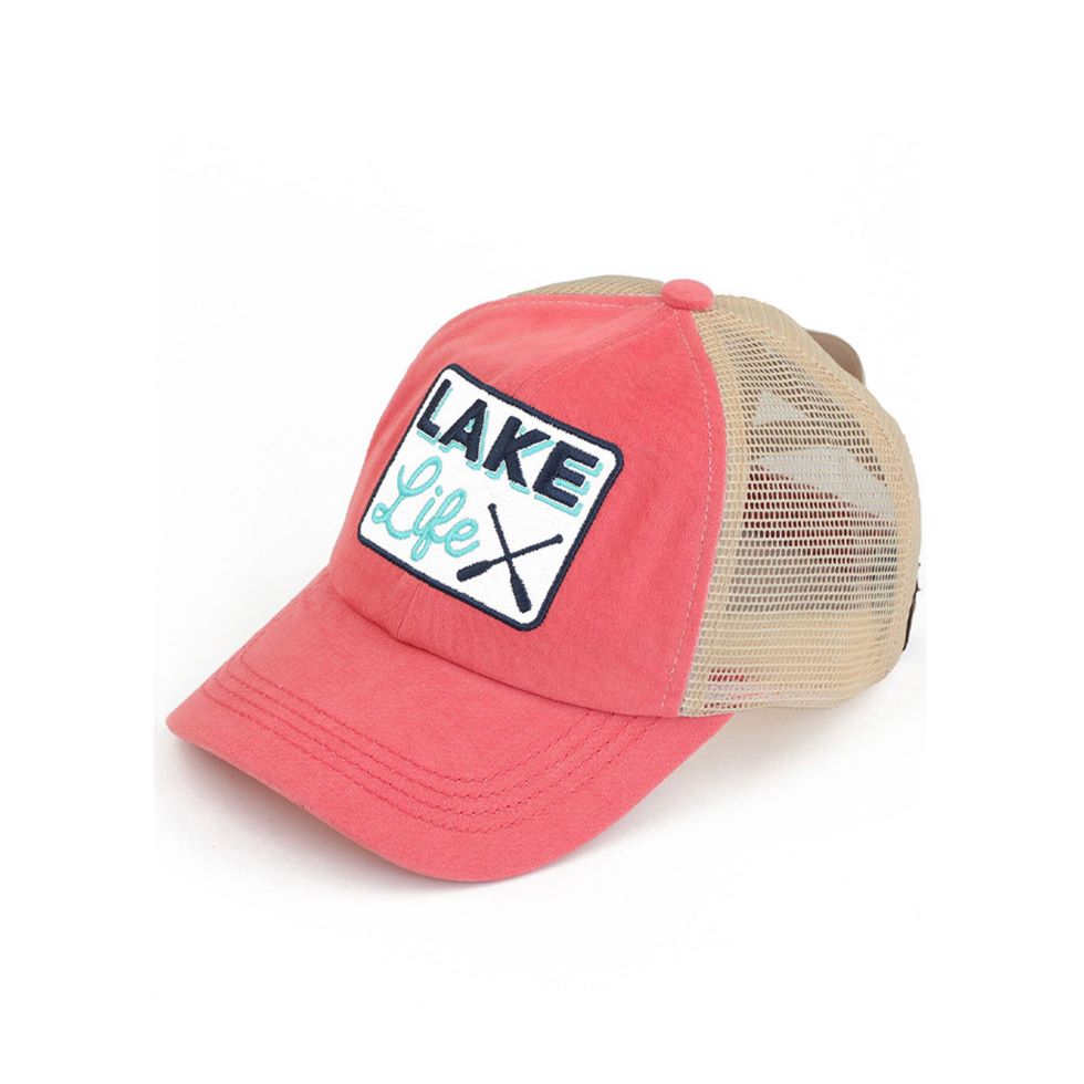 Coral C.C LAKE LIFE PATCH CRISS CROSS PONY CAP is the perfect accessory for those who love spending time at the lake. The crisscross pony cap design adds a stylish touch, while the lakelife patch showcases your love for the great outdoors. Made with high-quality materials, this cap provides both comfort and durability.