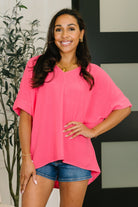 Counter Part Crinkle Woven V-Neck Top in Neon Fuchsia - Charming Charlie