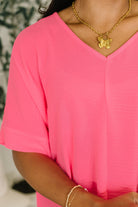 Counter Part Crinkle Woven V-Neck Top in Neon Fuchsia - Charming Charlie