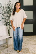 Counter Part Crinkle Woven V-Neck Top in Sand Beige - Charming Charlie