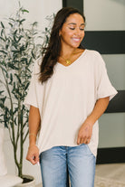 Counter Part Crinkle Woven V-Neck Top in Sand Beige - Charming Charlie
