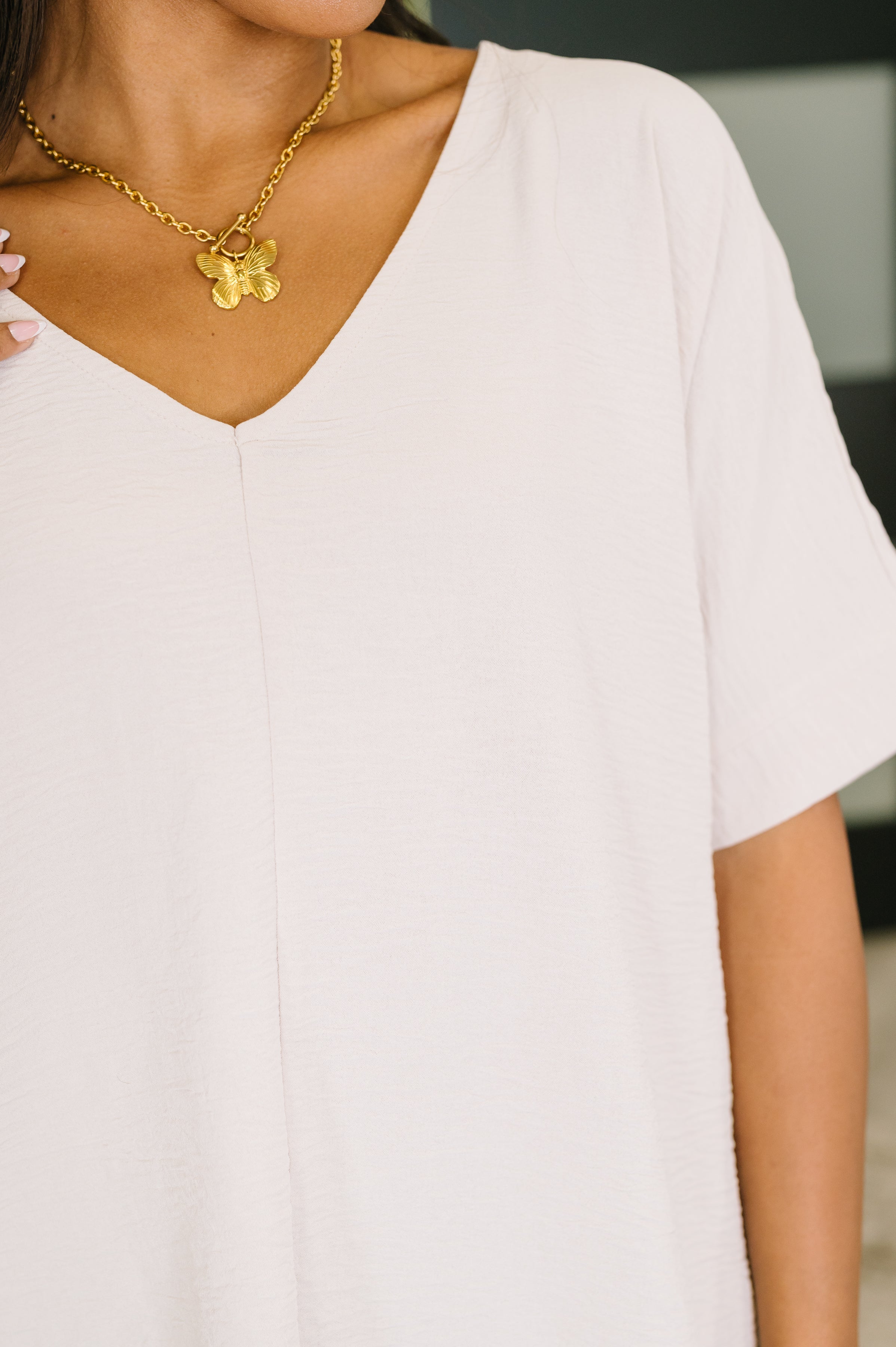Counter Part Crinkle Woven V-Neck Top in Sand Beige - Charming Charlie
