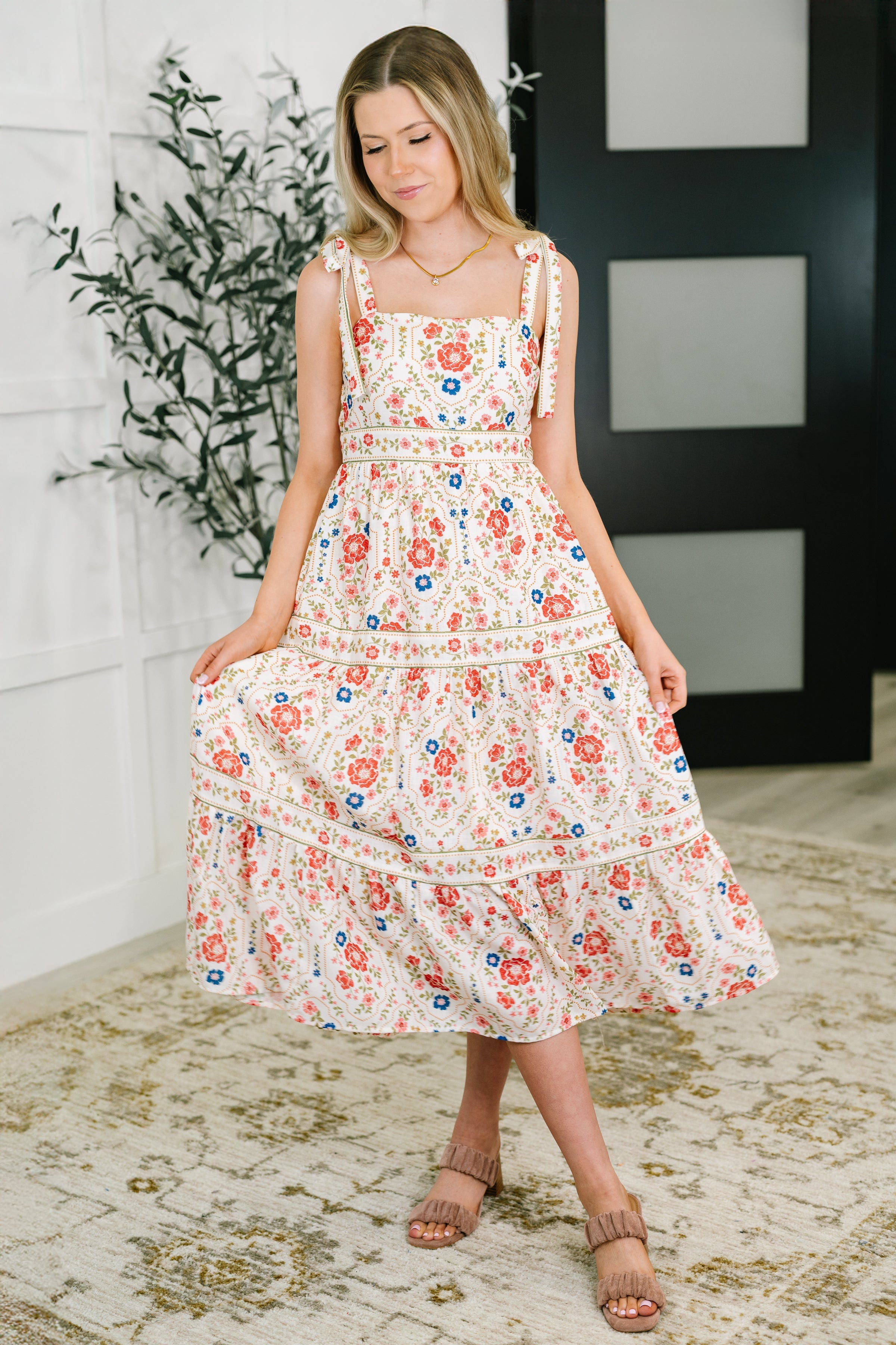 Country Crush Adjustable Strap Dress in Cream and Red - Charming Charlie
