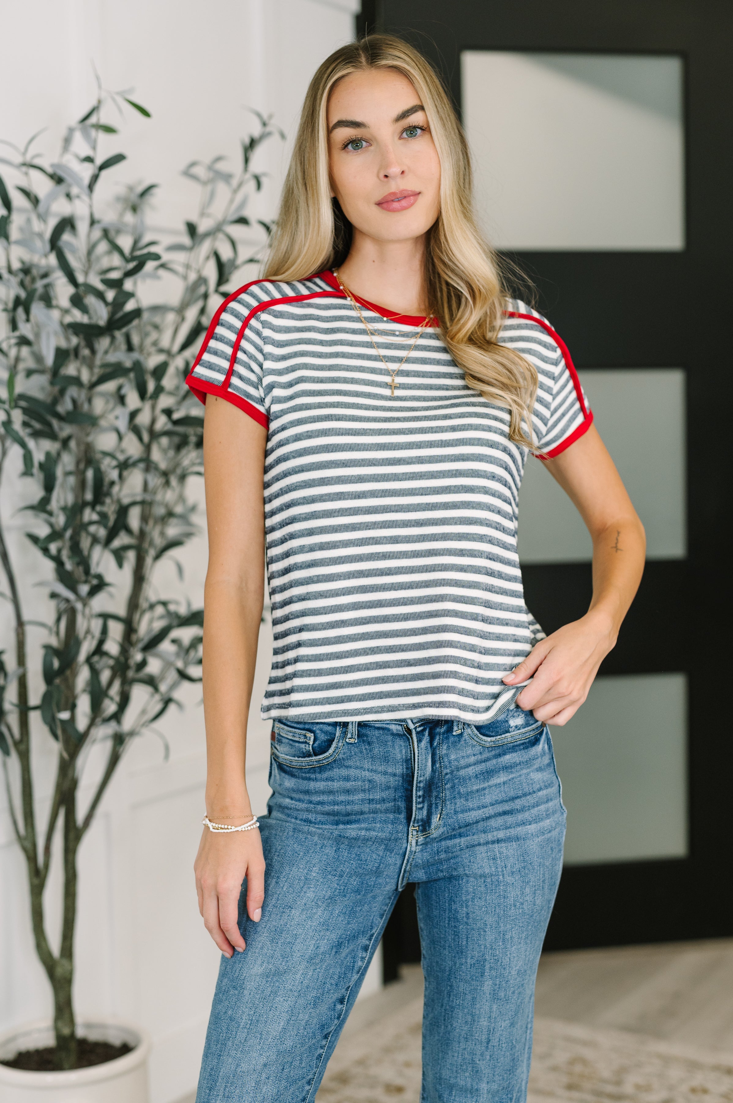 Country Stripe Casual Tee in Navy White - Charming Charlie