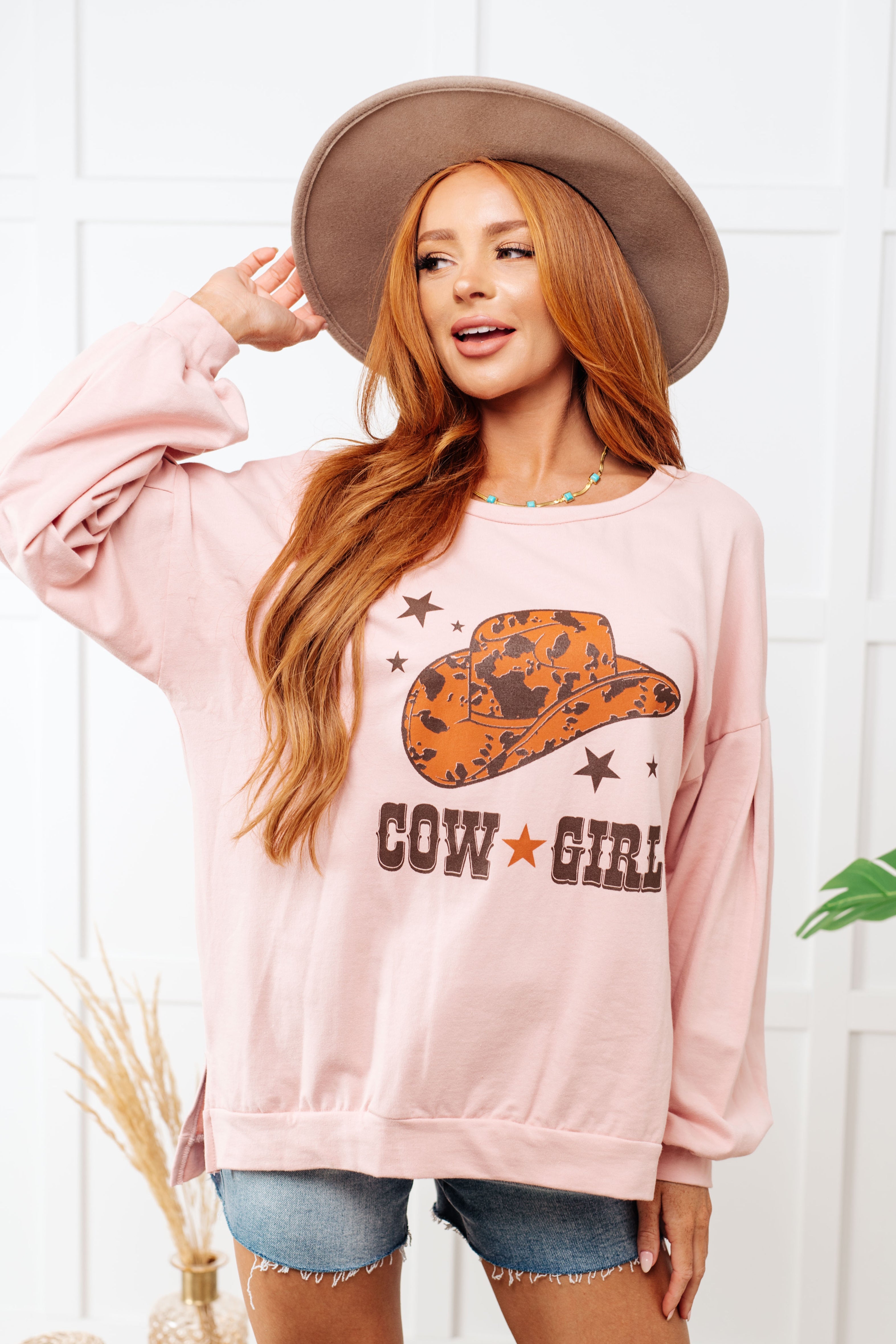 Cow Girl Graphic Pullover in Dusty Pink - Charming Charlie