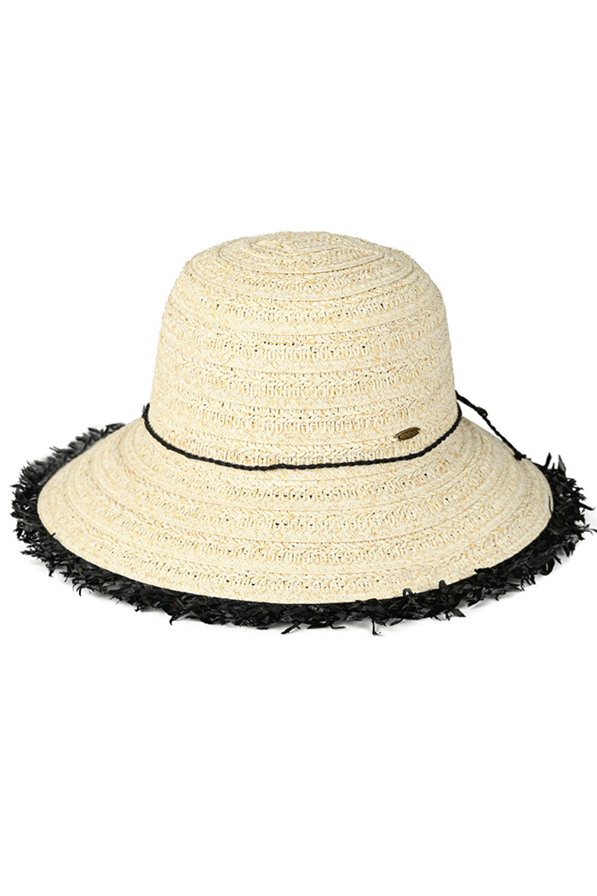 Creme-C.C Fringe Straw Bucket Cloche Hat combines fashionable design with superior functionality. Made with high-quality straw, it offers breathability and lightweight comfort for all-day wear. The fringed brim adds a stylish touch, while the bucket shape provides excellent sun protection. Perfect for any outdoor activity, this hat is a must-have for any fashion-forward individual.