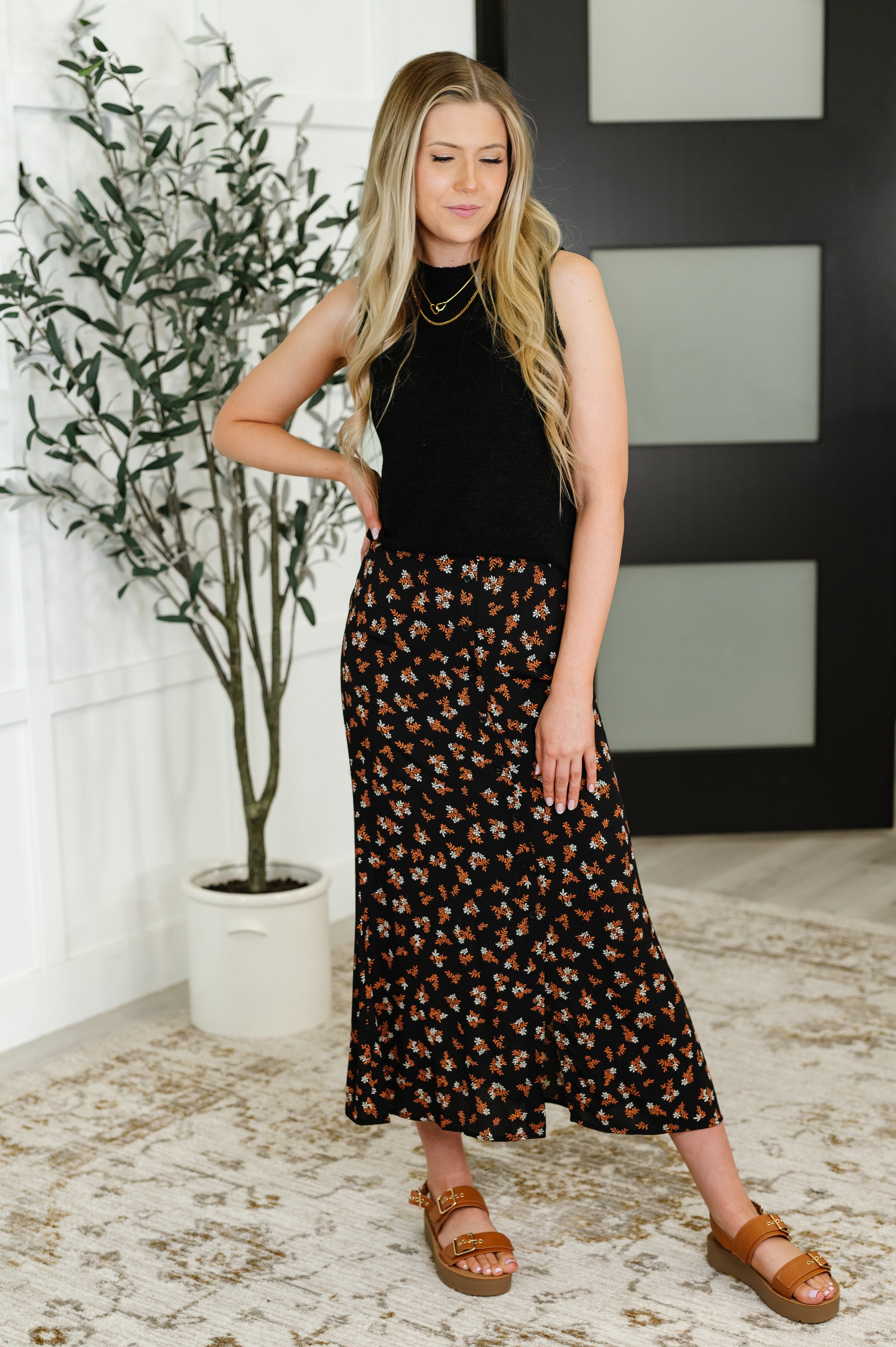 Crisp Kiss Midi Skirt in Rust, White and Black - Charming Charlie