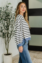 Cute in Comfort Crew Neck Pullover in White, Black and Denim - Charming Charlie