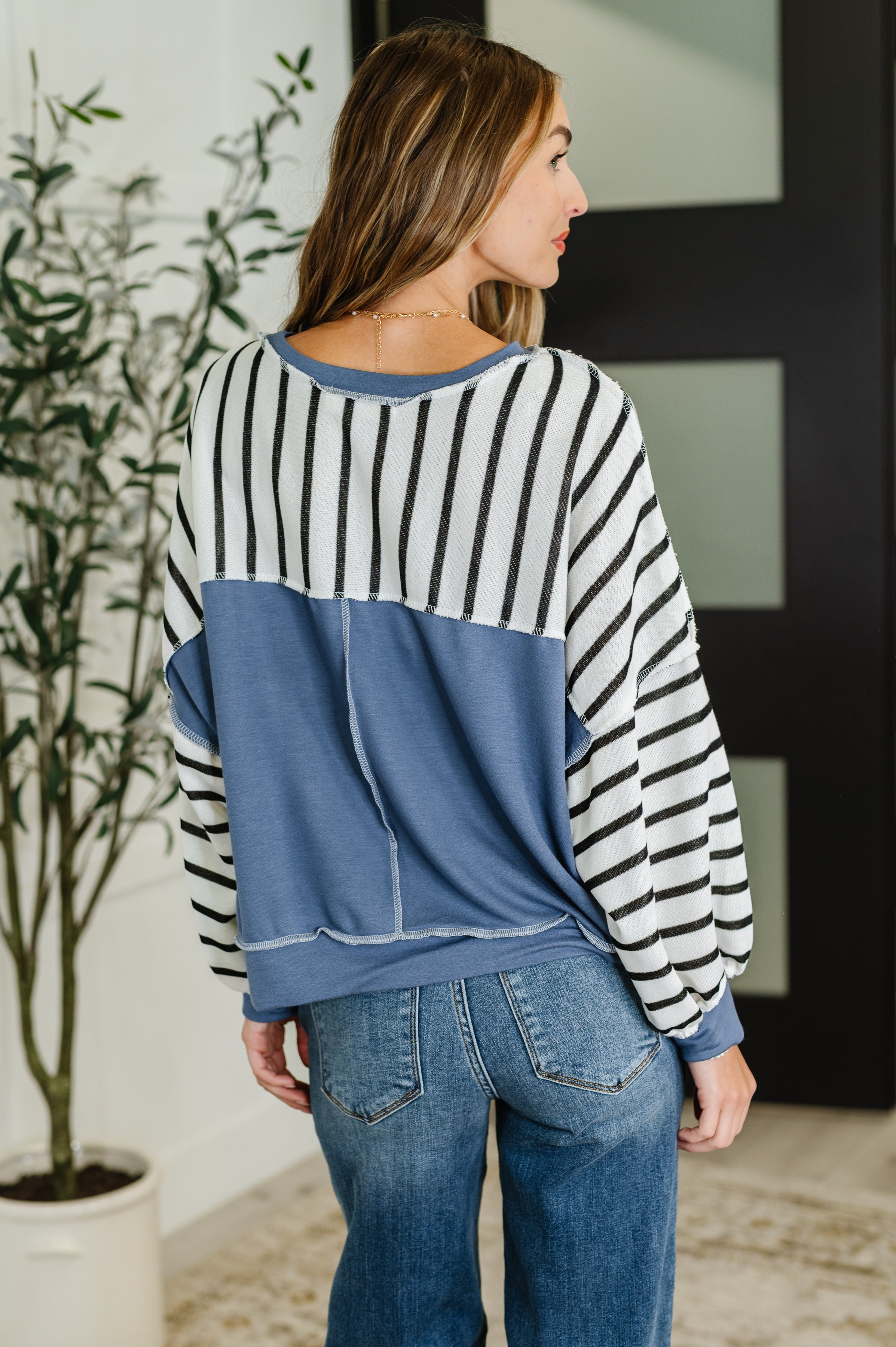 Cute in Comfort Crew Neck Pullover in White, Black and Denim - Charming Charlie
