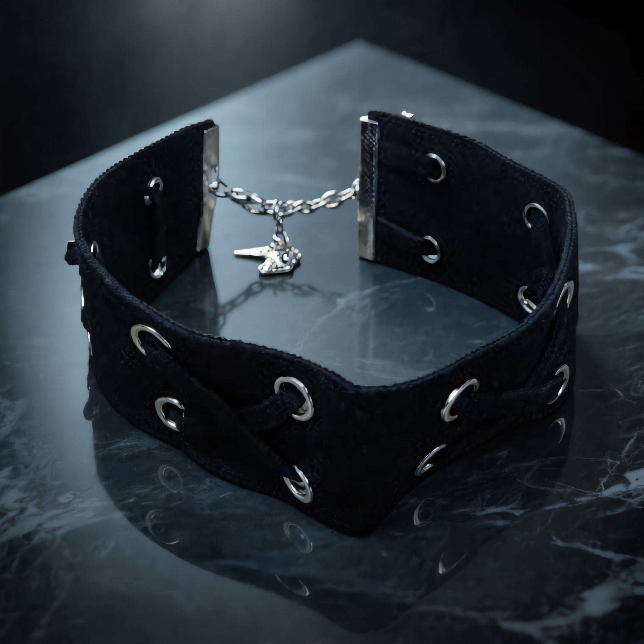 Black Fabric Choker with Silver Eyelets - Charming Charlie