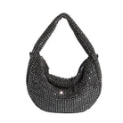 A small black crystal encrusted crossbody bag.