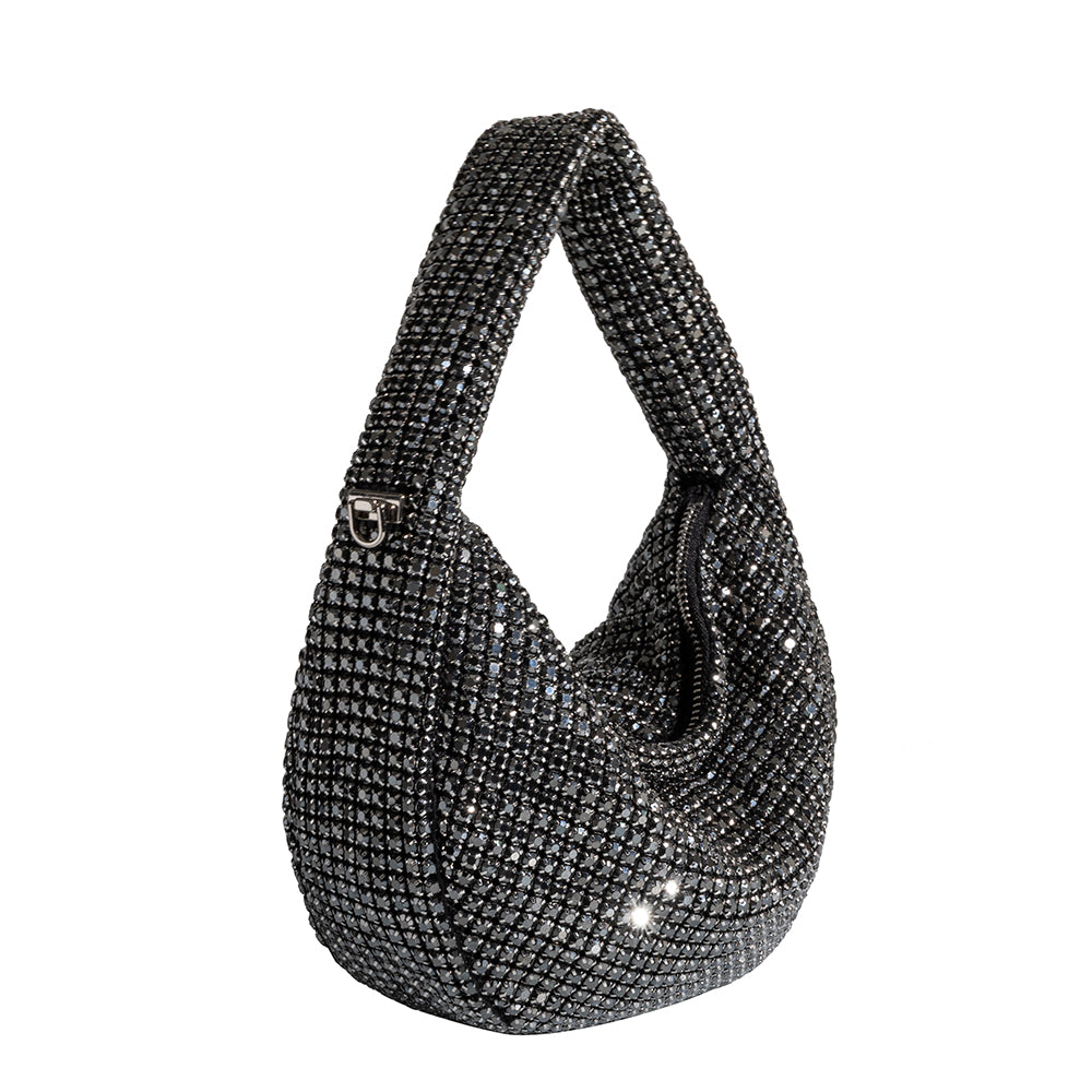 A small black crystal encrusted crossbody bag.