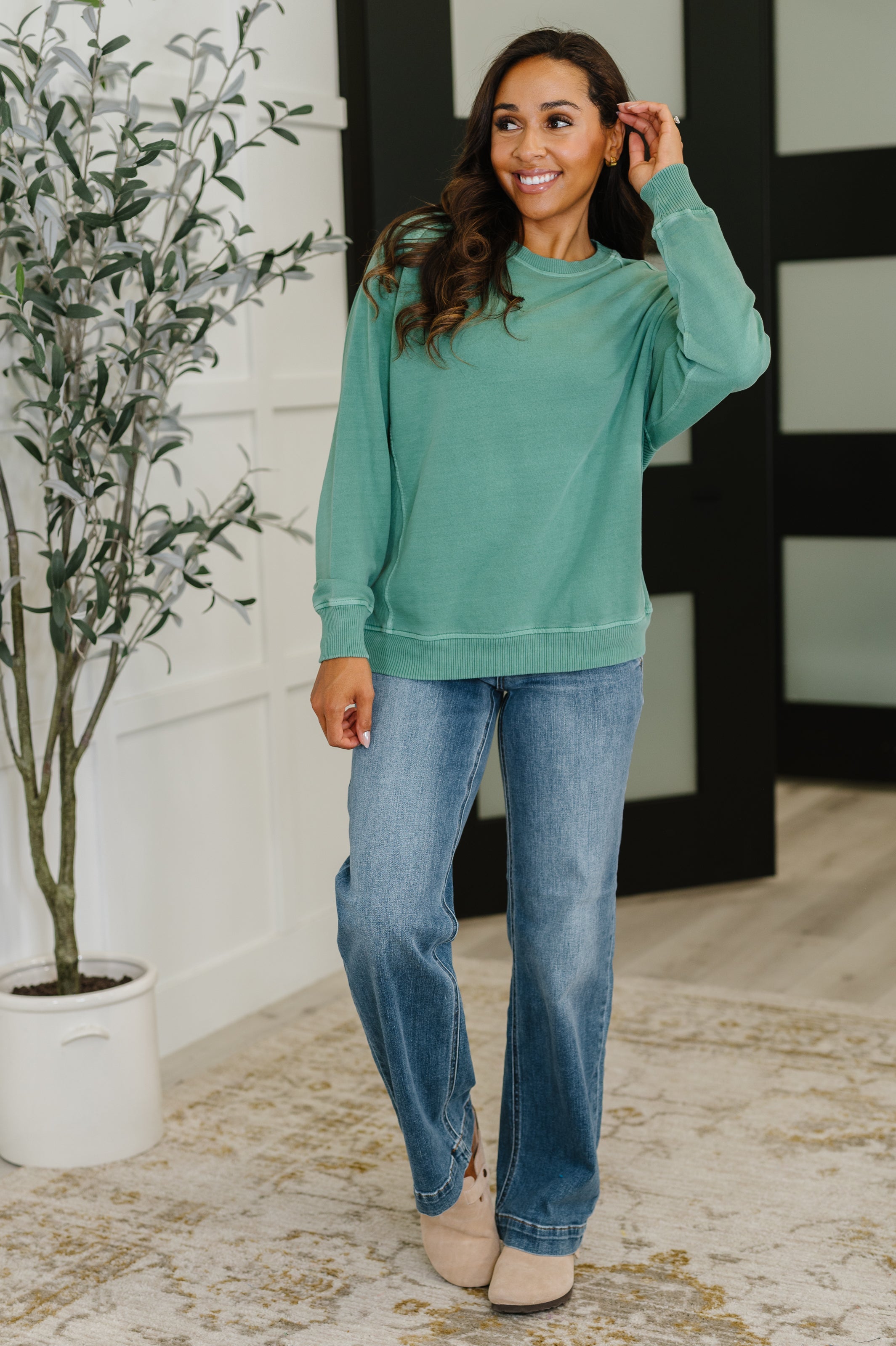 Daily Ease Mineral Wash Pullover in Dark Green - Charming Charlie