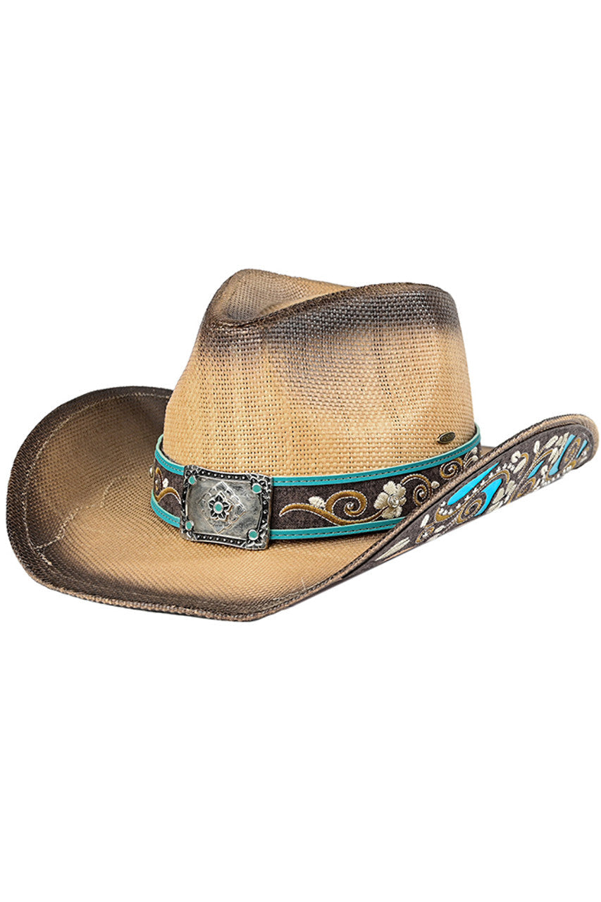 Dark Natural C.C Brim Patches Details Tea-Stain Cowboy Hat is a stylish and practical choice for any outdoor adventure. Made with a tea-stained finish and detailed brim patches, this hat offers both sun protection and unique style. Perfect for cowboys and cowgirls alike!