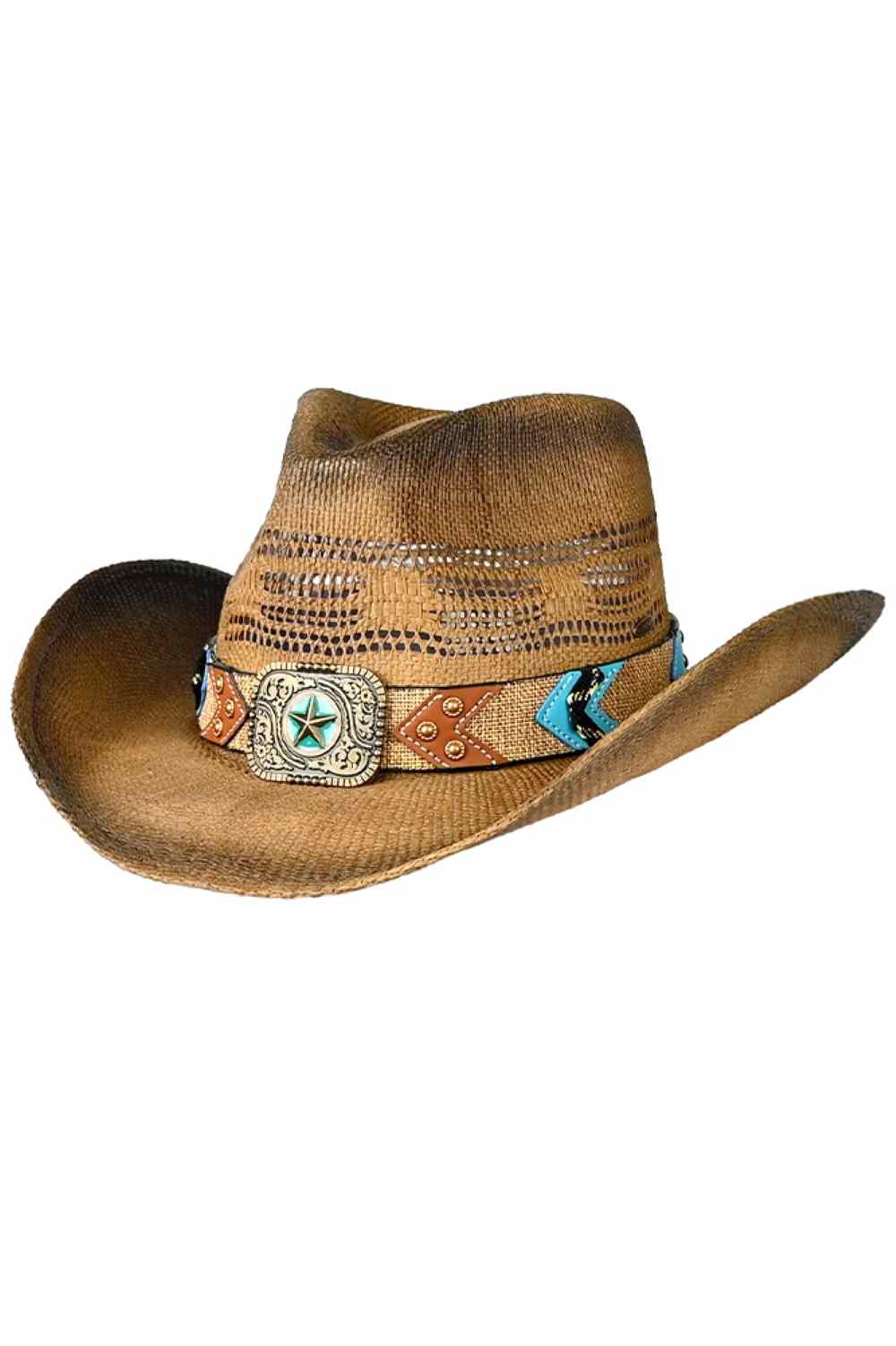 Dark Natural C.C Western Pattern Vegan Patch Band Cowboy Hat is the perfect addition to any outfit. Made with vegan materials and featuring a unique patch band design, this hat combines fashion with sustainability. Its Western pattern also adds a touch of style, making it a versatile accessory for any occasion.